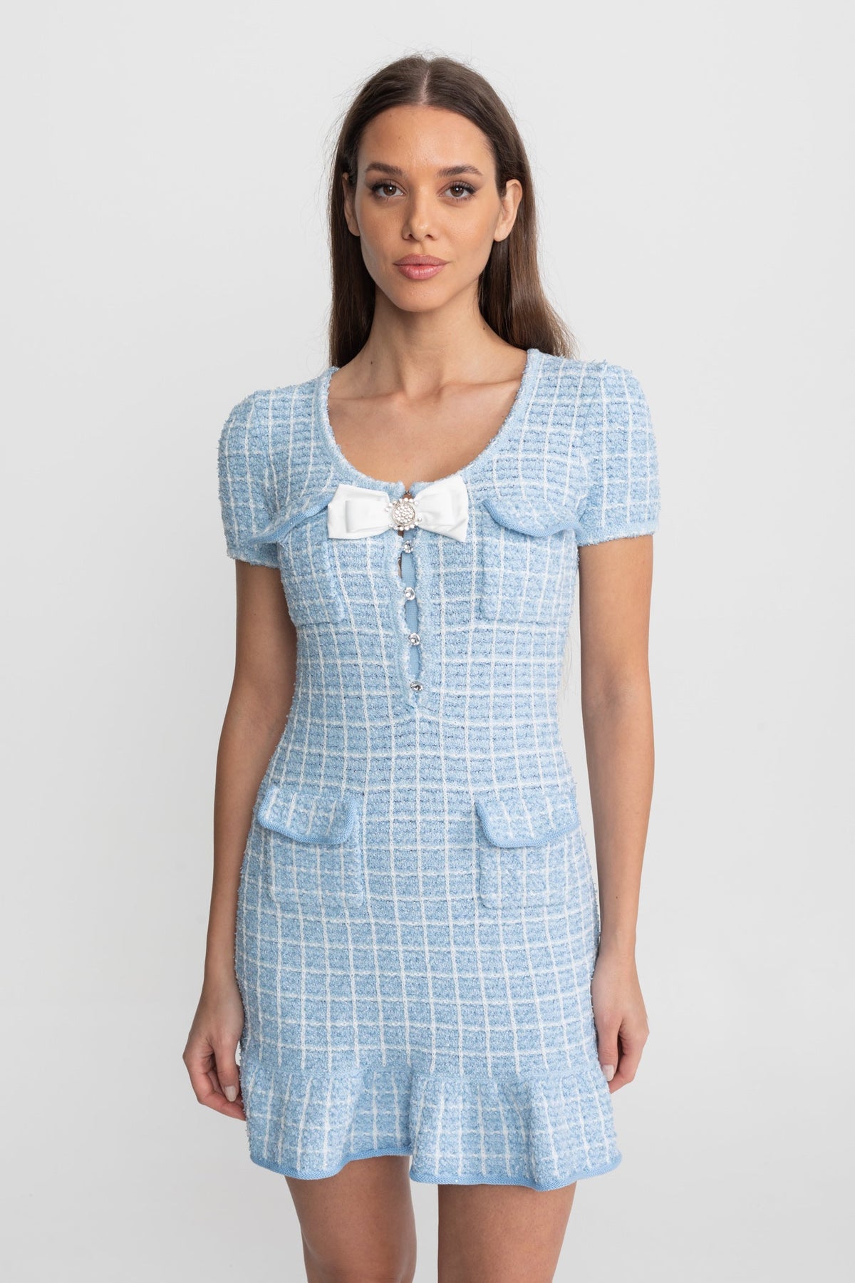 Textured Tweed Mini Dress with Bow Detail – Light Blue