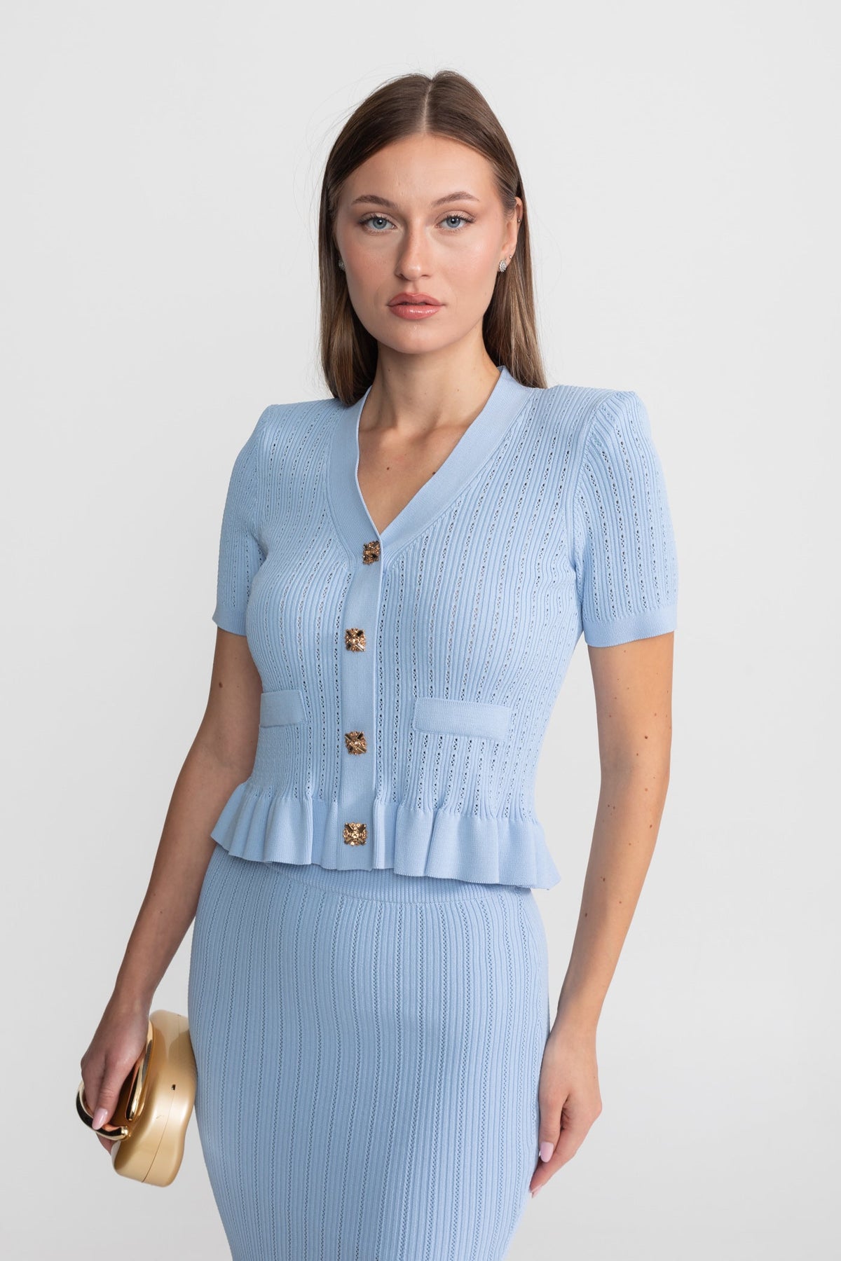 Knit Midi Co-Ord with Peplum Waist and Gold Buttons – Baby Blue