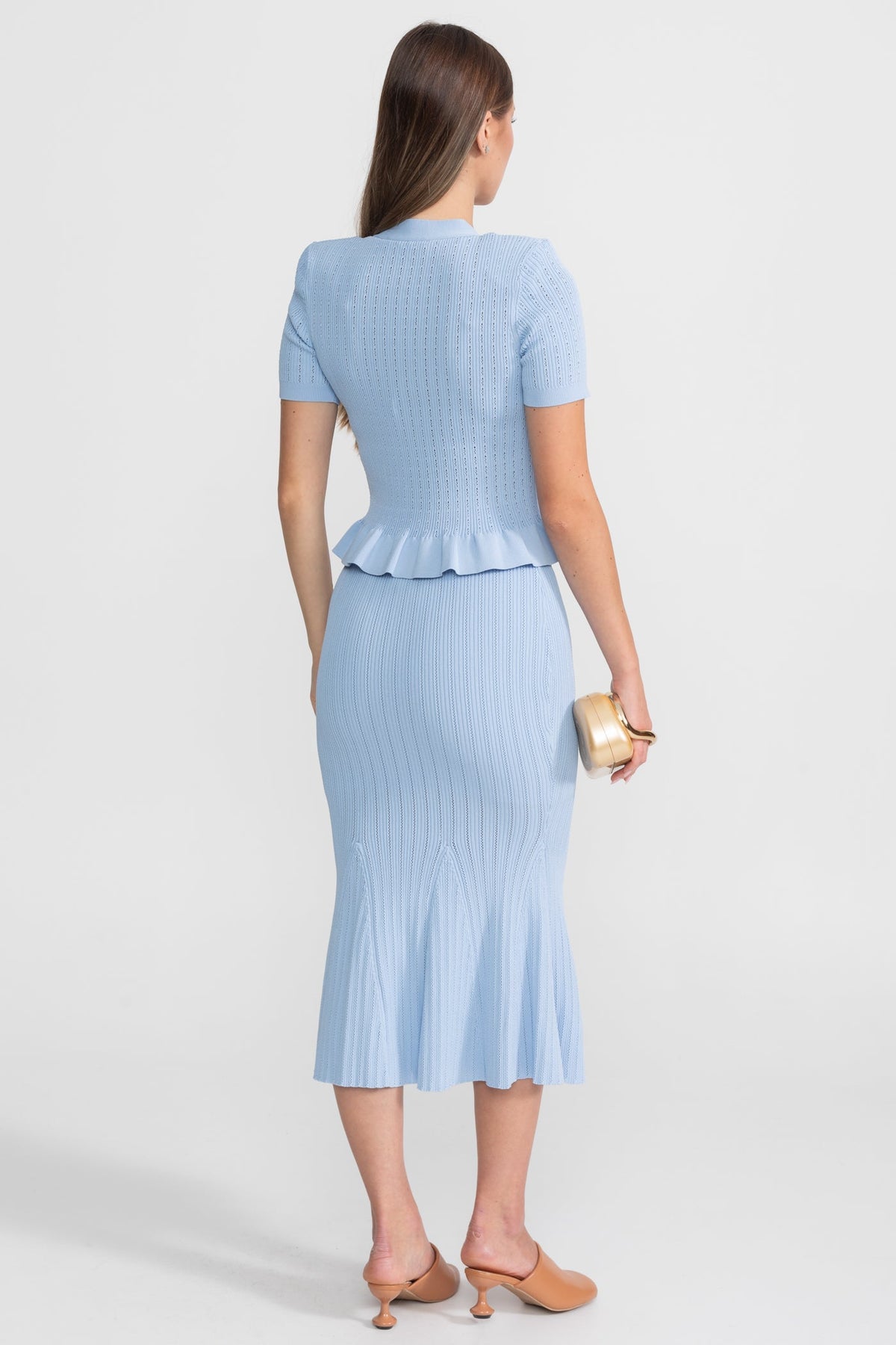 Knit Midi Co-Ord with Peplum Waist and Gold Buttons – Baby Blue