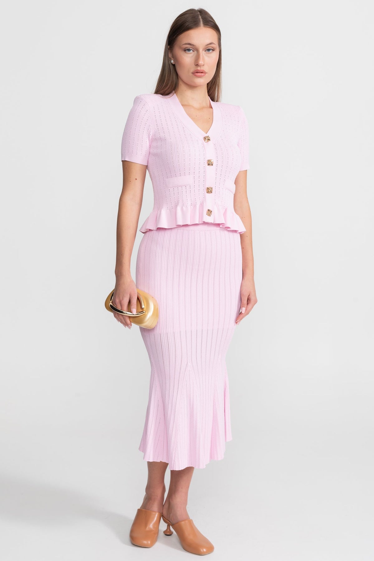 Knit Midi Co-Ord with Peplum Waist and Gold Buttons – Pink