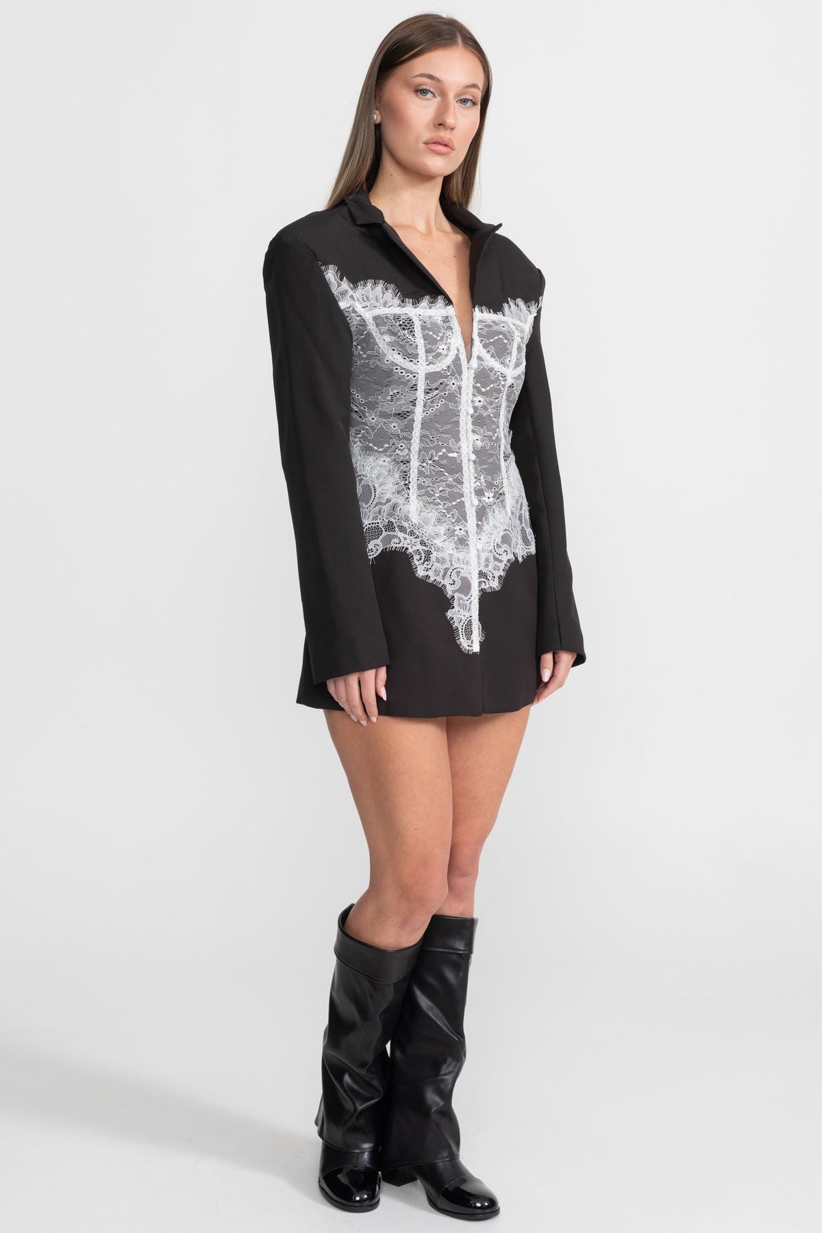 Lace Corset Blazer Dress With Deep V-neckline – Black