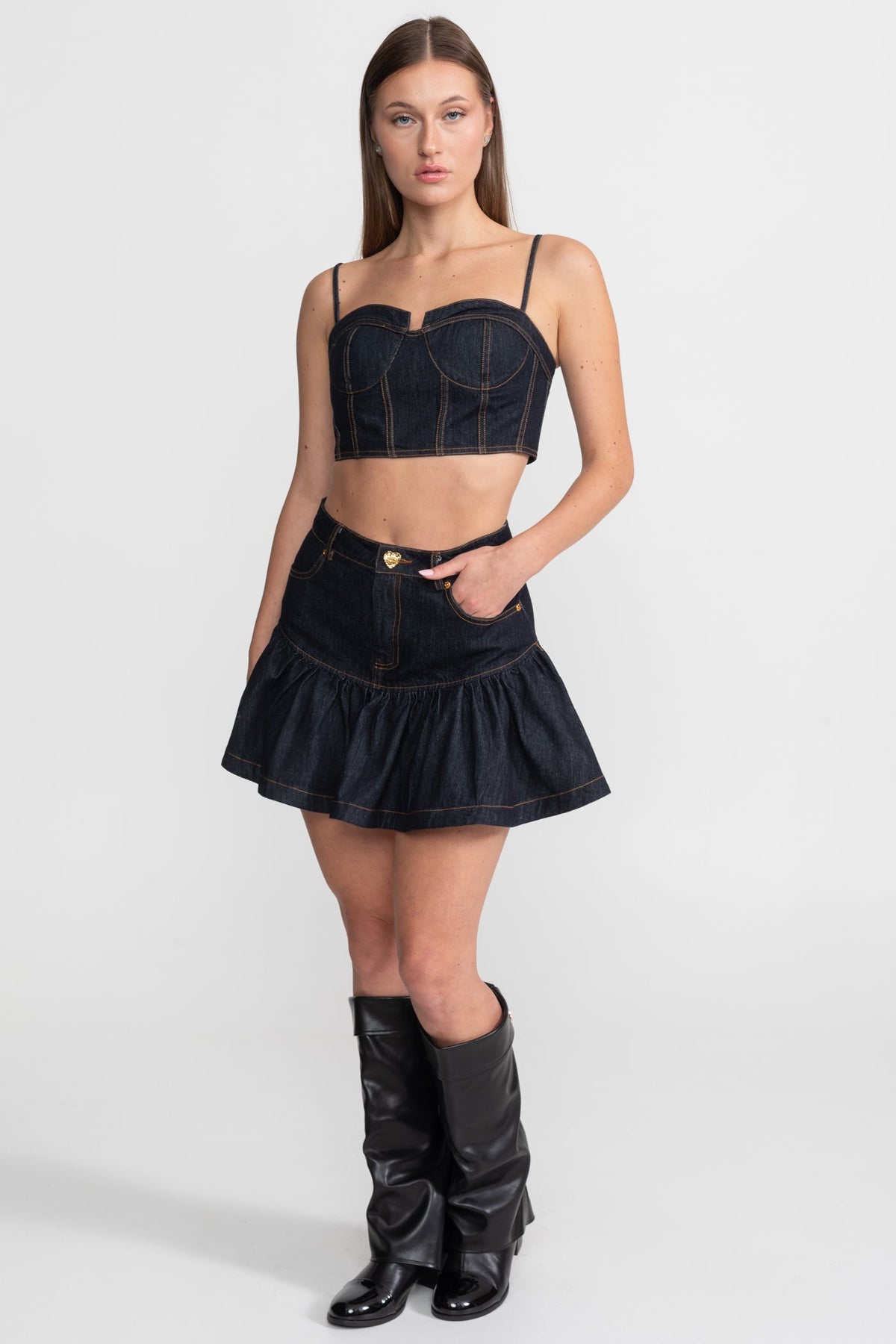 Denim Bustier Co-ord Set With Contrasting Stitching – Indigo