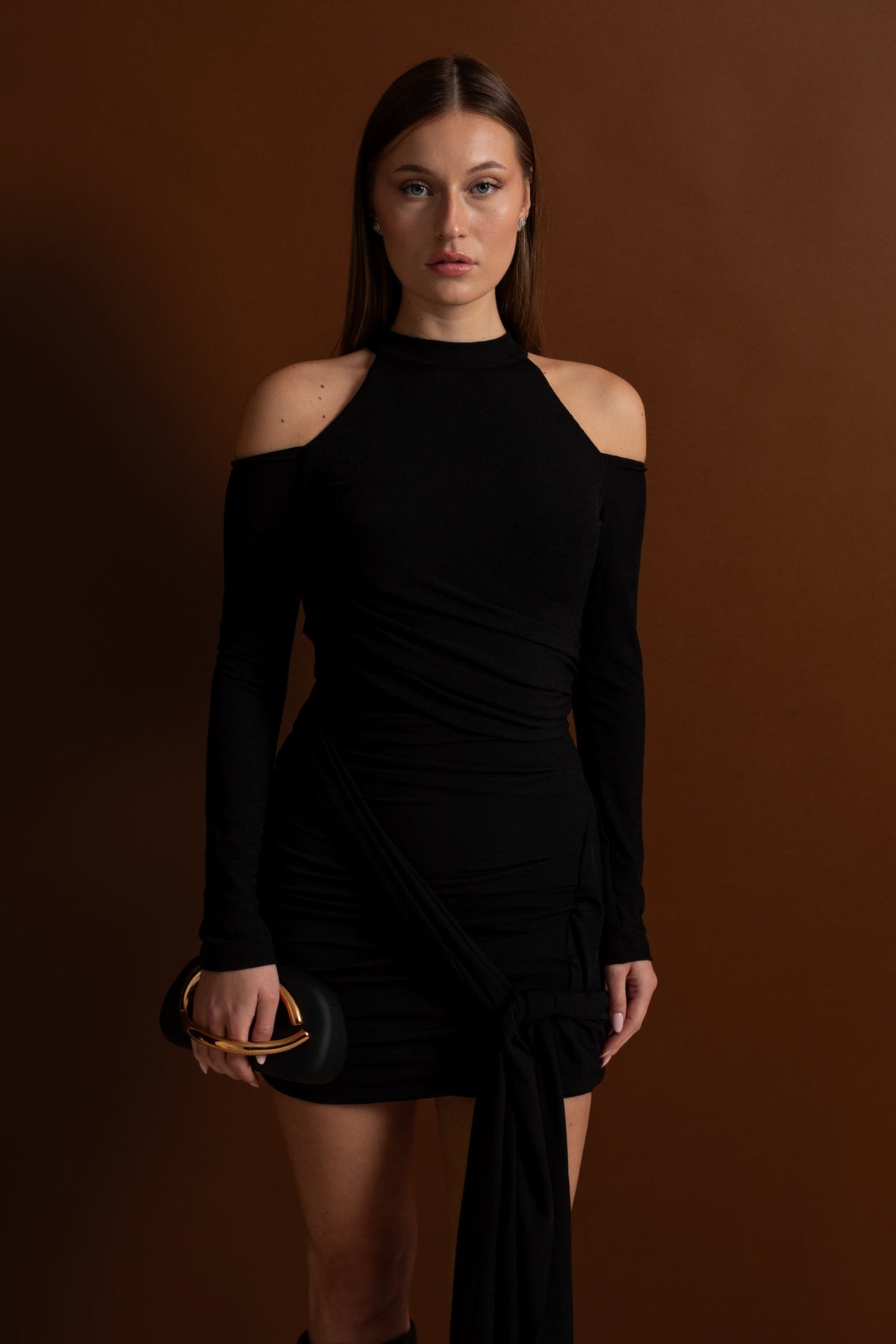 Cold-Shoulder Draped Mini Dress – Black