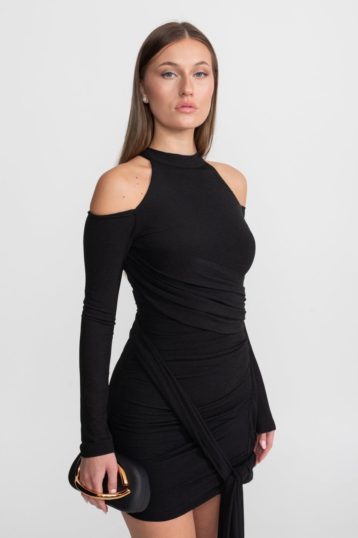 Cold-Shoulder Draped Mini Dress – Black