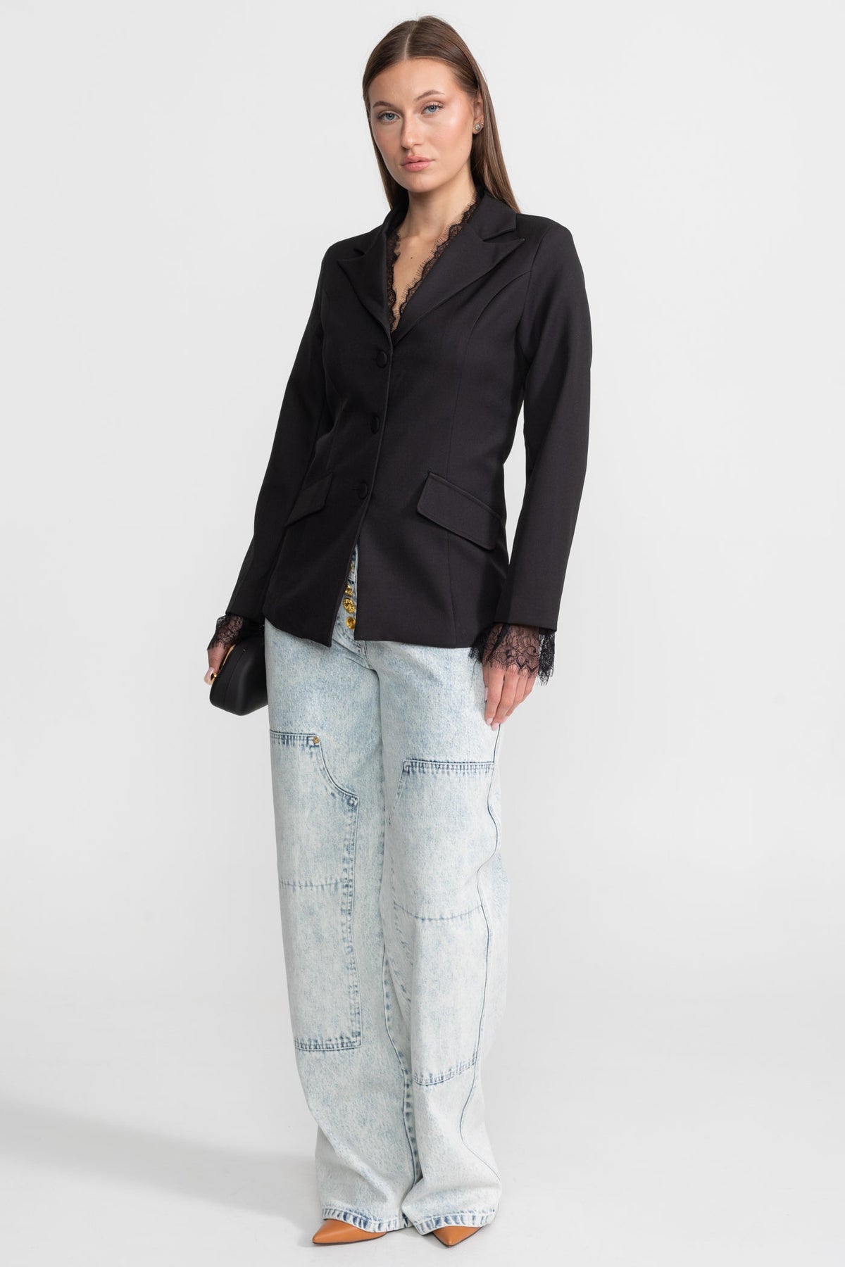 Tailored Lace-Trim Blazer With Tonal Button Closure – Black