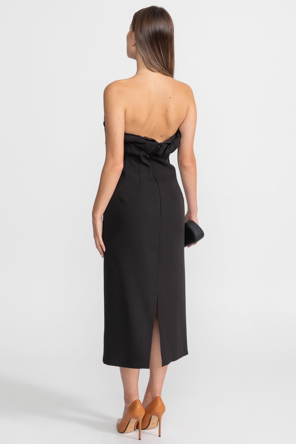 Strapless Cutout Midi Dress With Twisted Bandeau Detail – Black