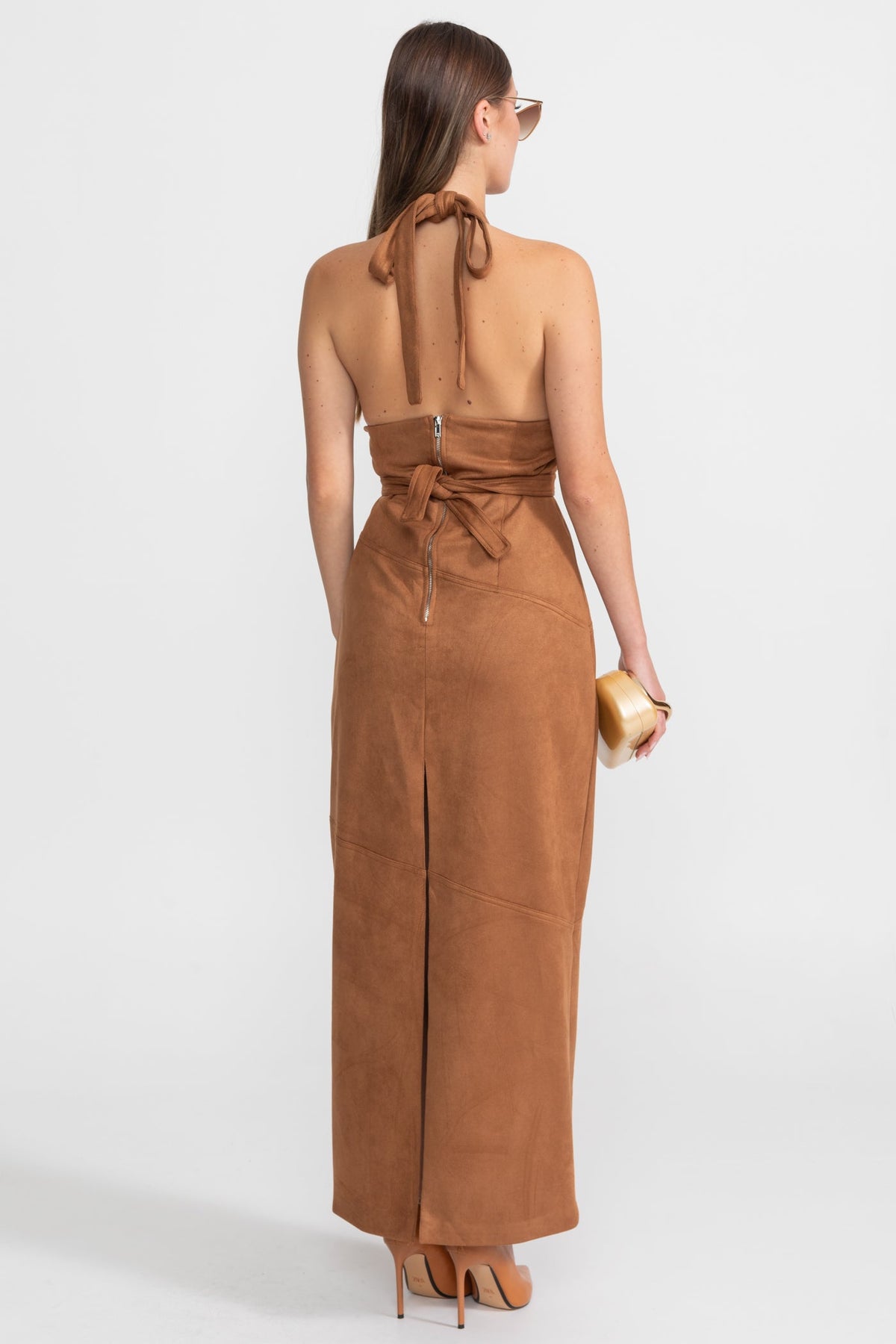 Suede Halterneck Wrap Maxi Dress – Cognac