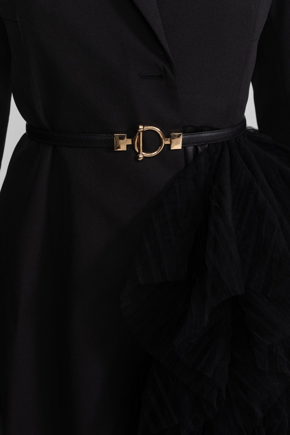 Tulle Cascade Blazer Dress With Notched Lapels – Black
