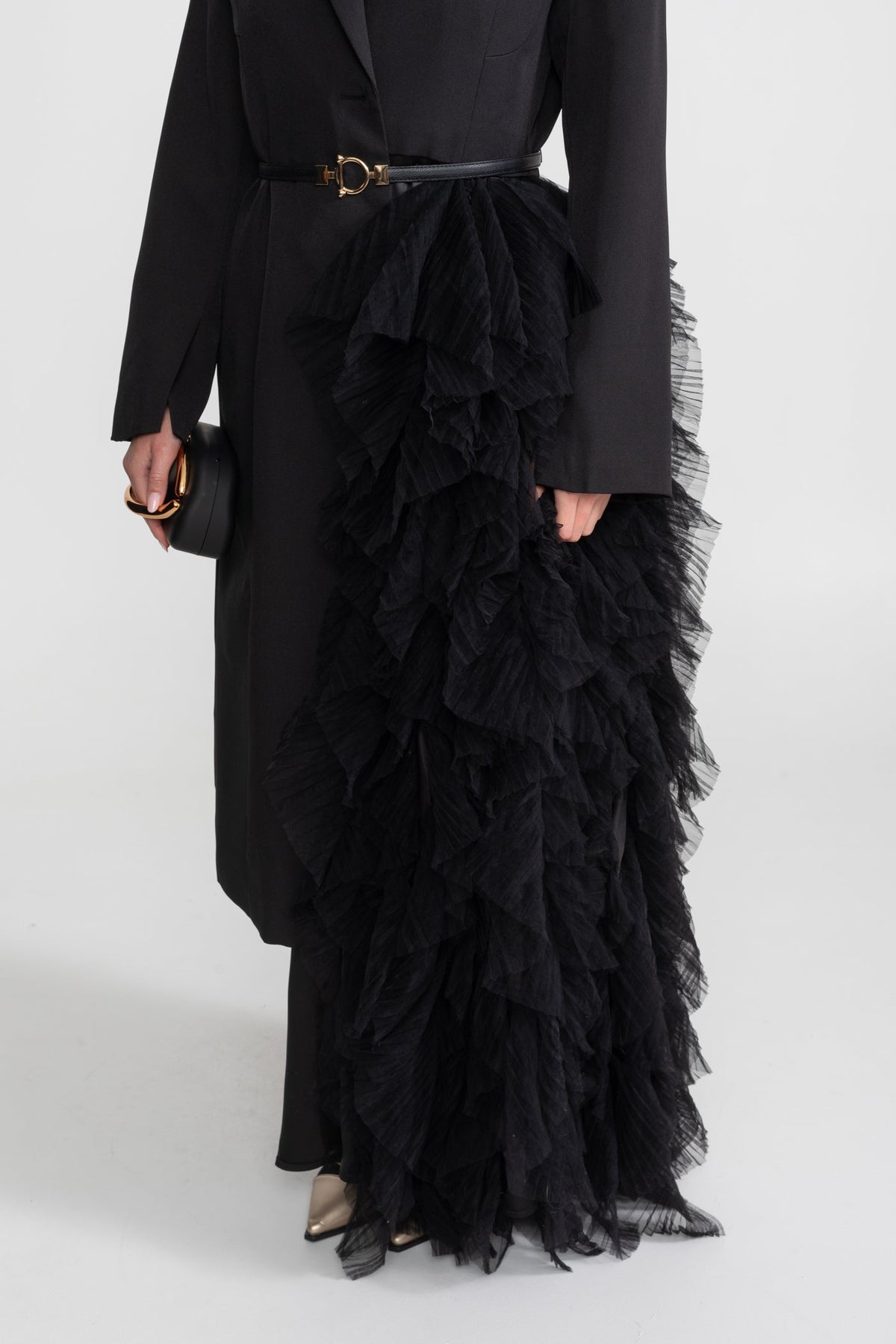 Tulle Cascade Blazer Dress With Notched Lapels – Black