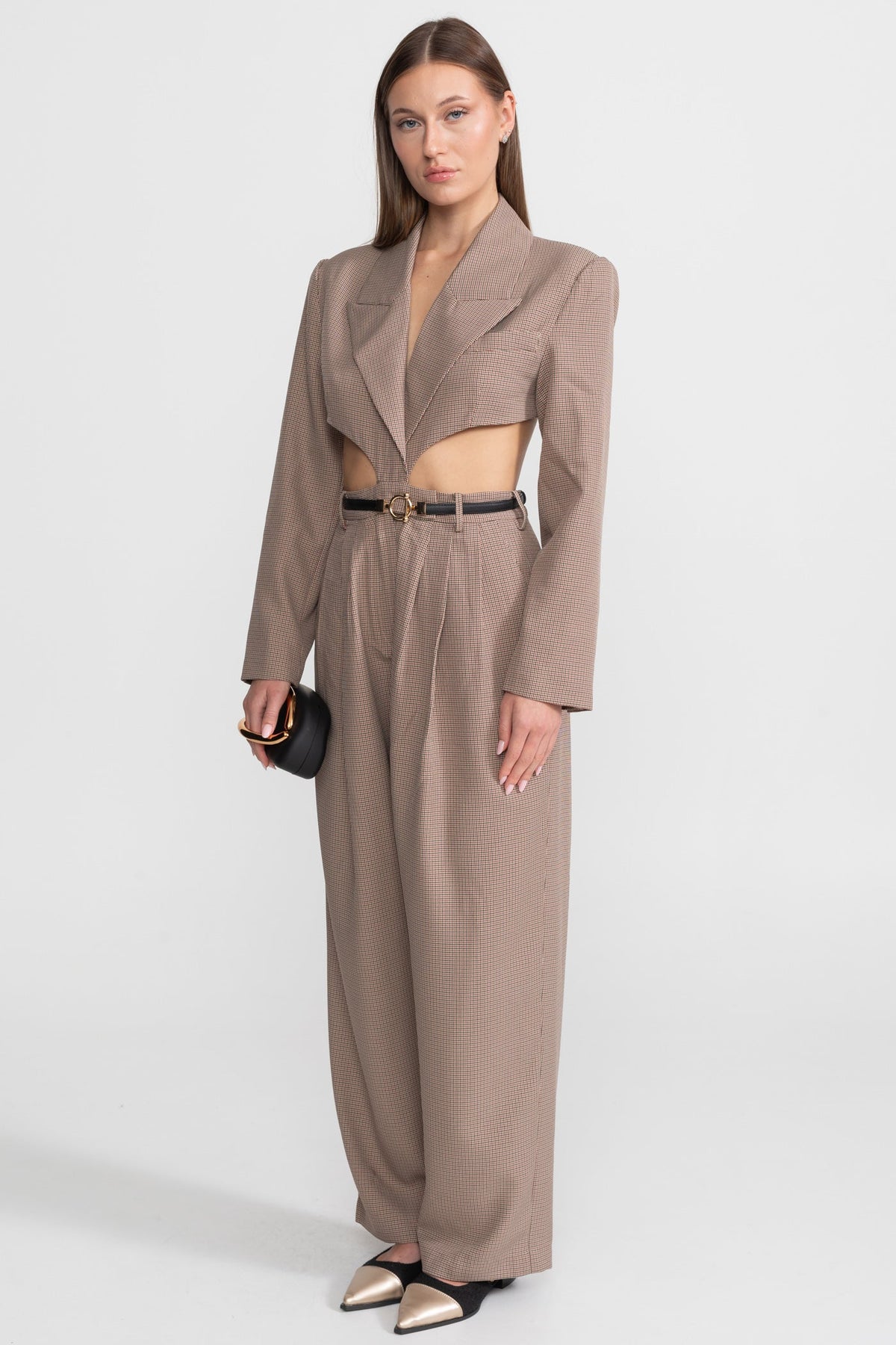 Cut-Out Jumpsuit With Slim Black Waistbelt – Taupe Check