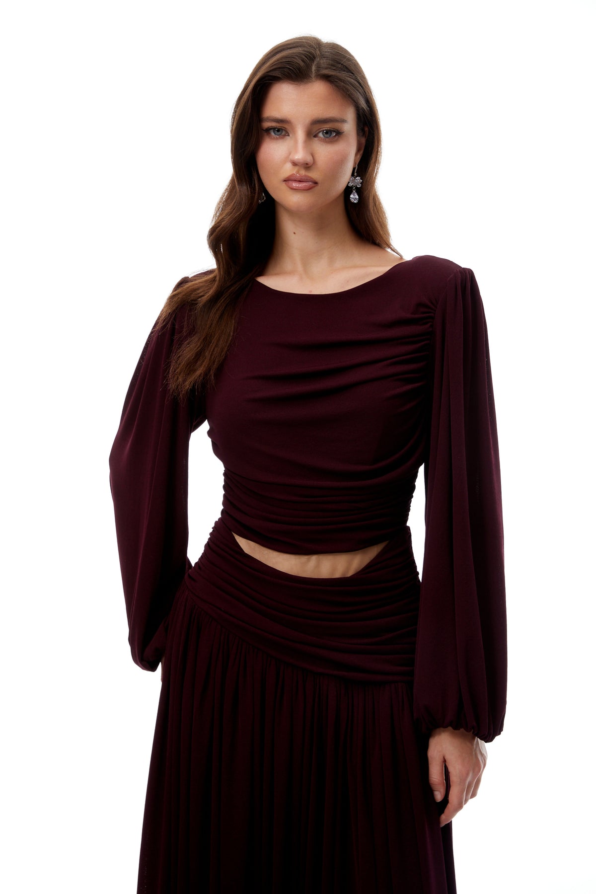 Fiorella Burgundy Cut Out Gathered Midi Dress (Final Sale-US Only)