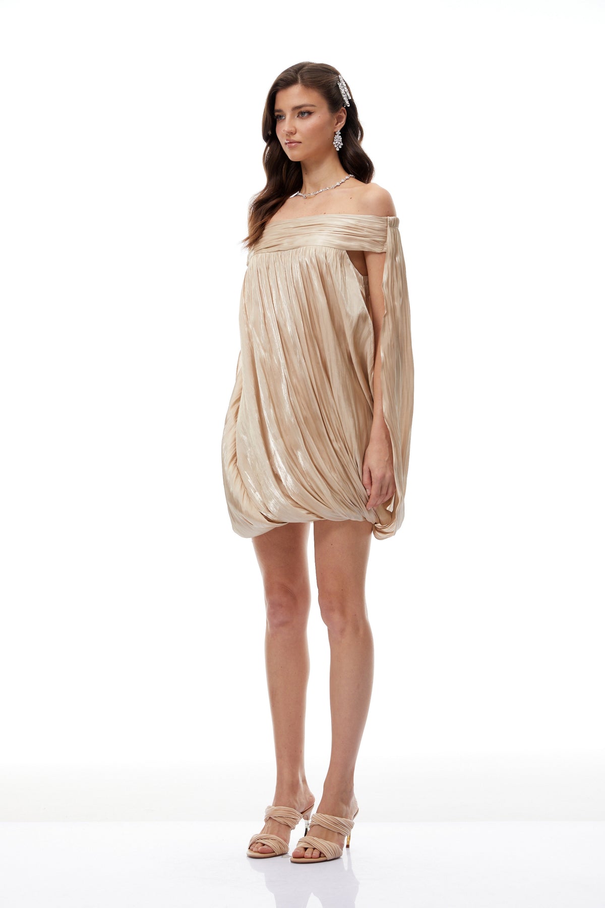 Anastasia Neutral Draped Glossy Mini Dress (Final Sale-US Only)