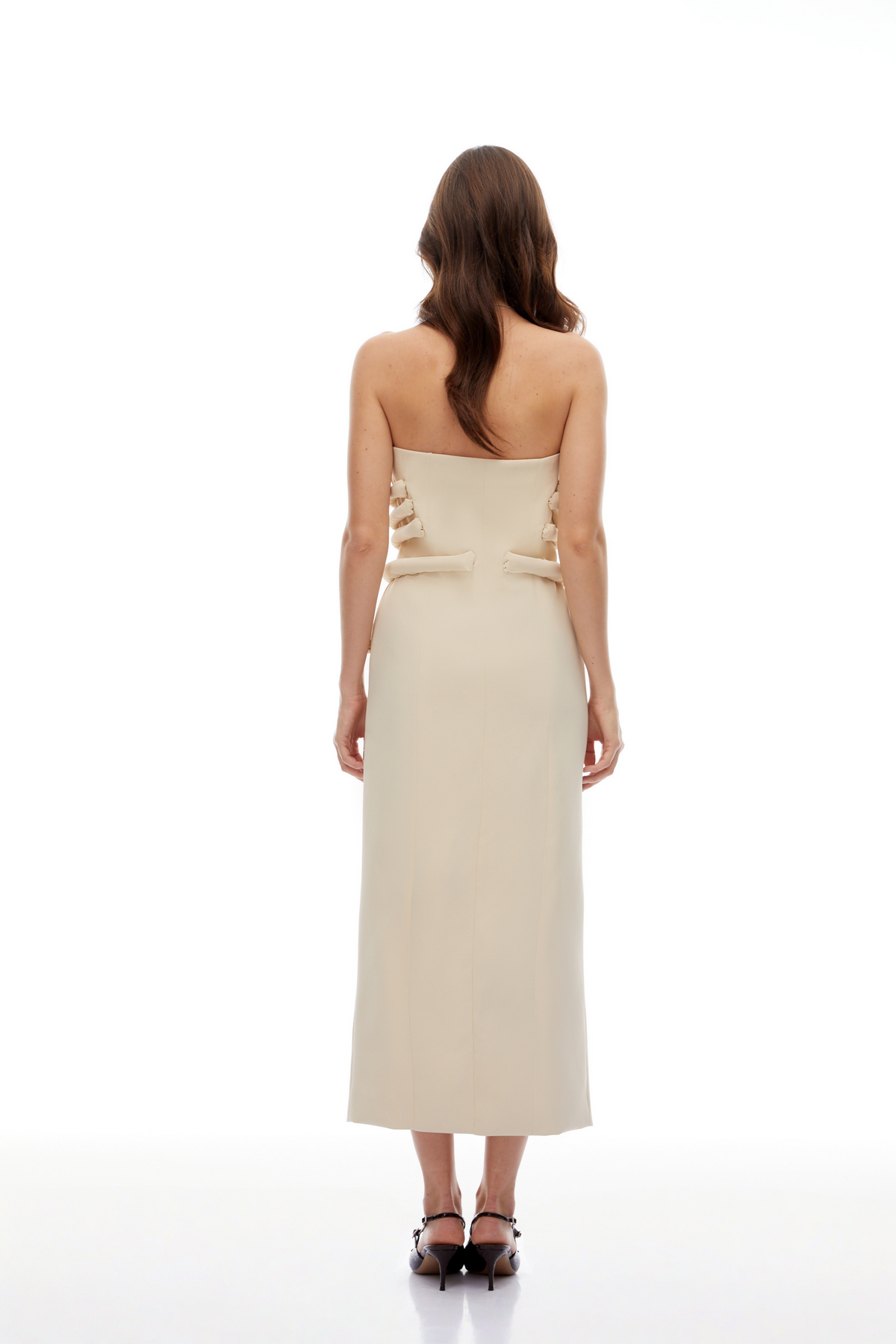 Thera Neutral Strapless Decorative Button Midi Dress (Final Sale)