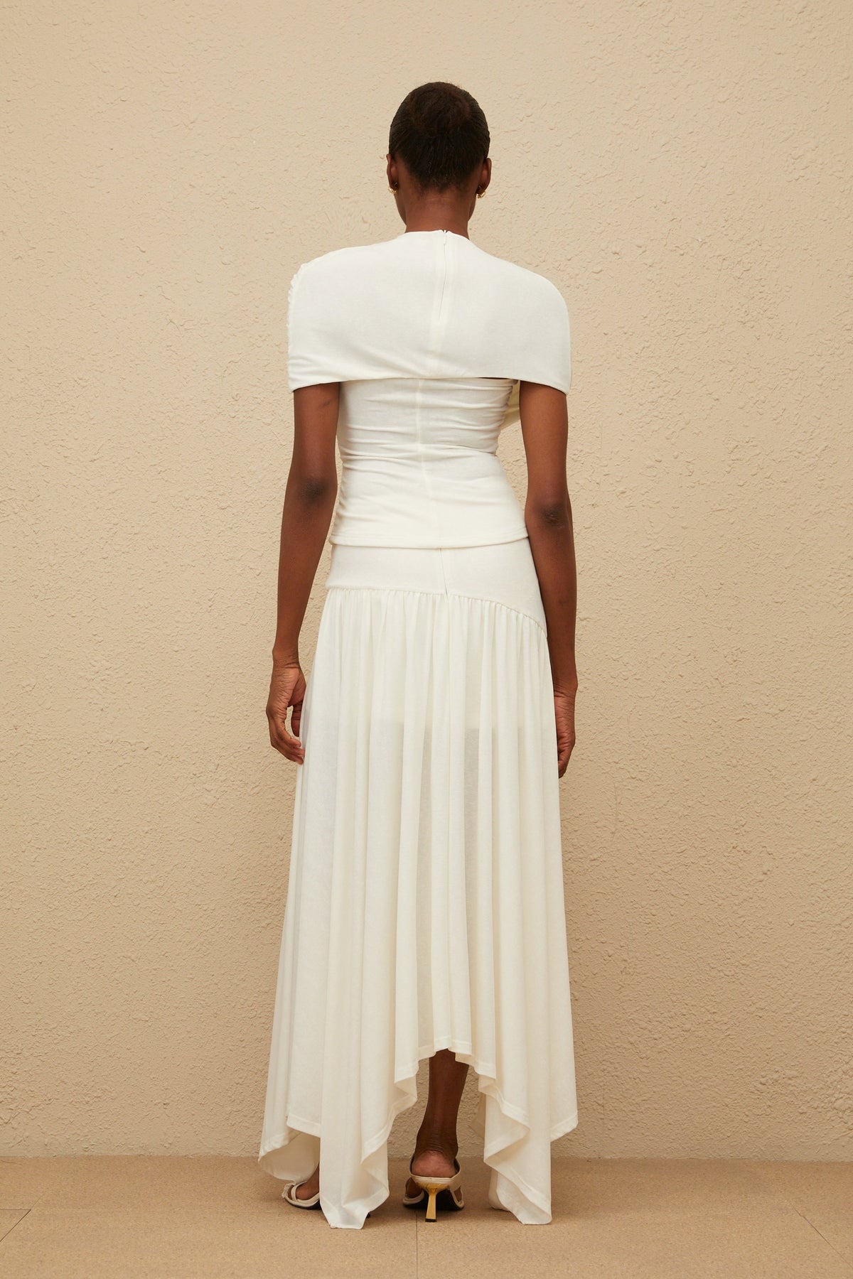 Velours White Asymmetrical Top & Skirt Set