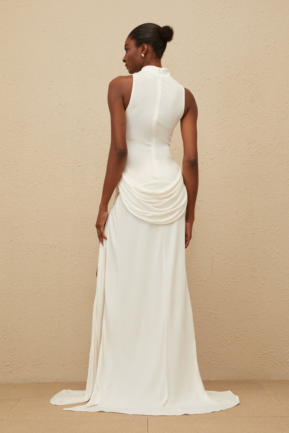Mystérieuse White Turtleneck Draped Maxi Dress