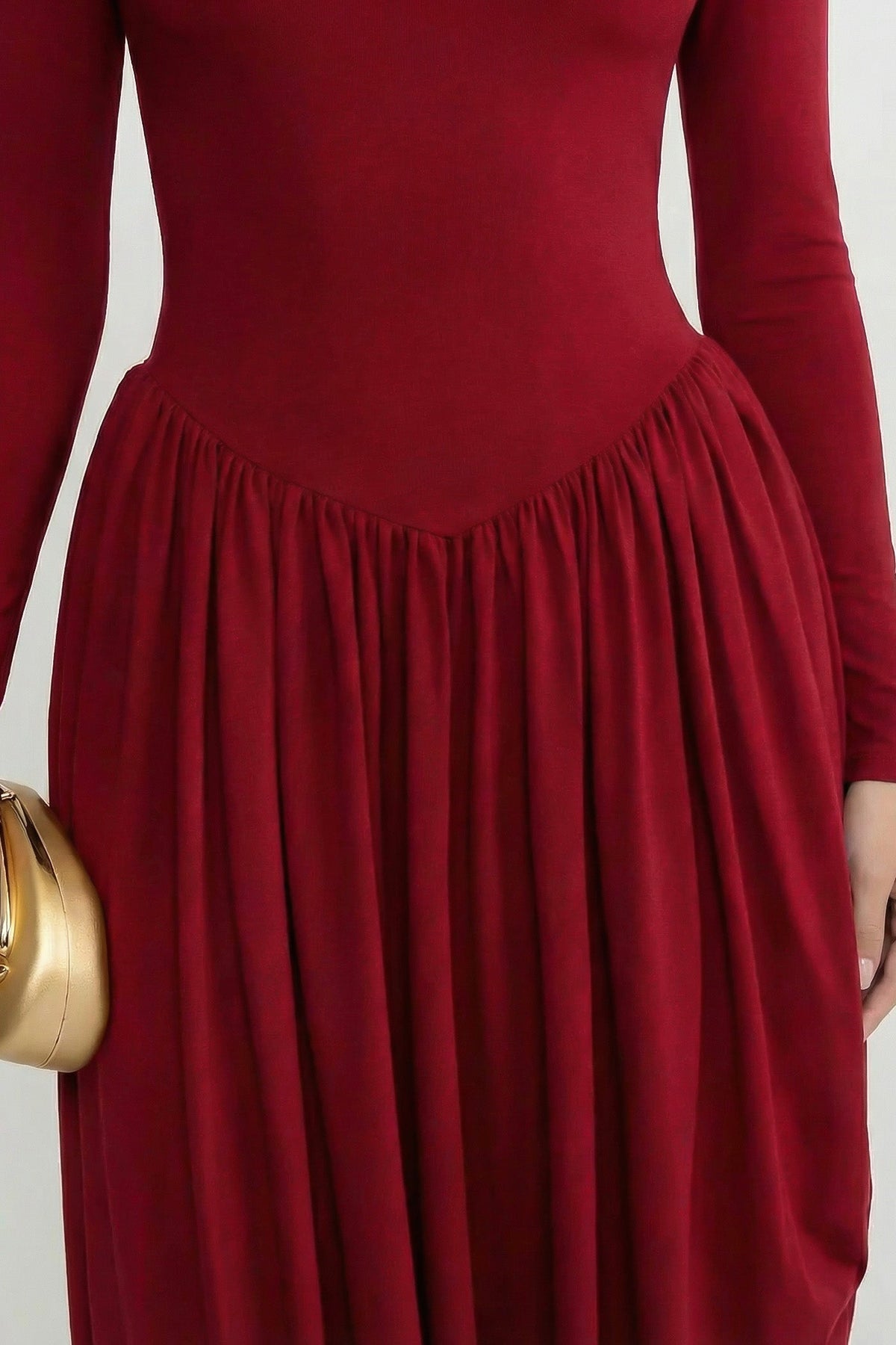 Long Sleeve Maxi Dress With Draped Skirt - Red