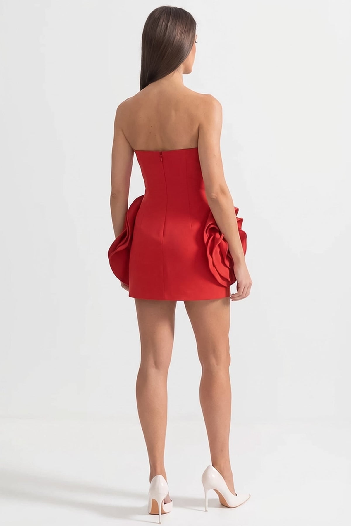Strapless Sculptural Mini Dress with 3D Floral Appliqués – Red