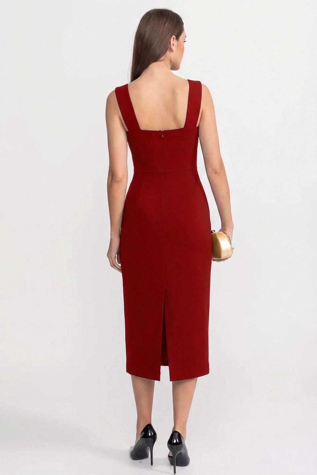 Structured Midi Dress with Sculpted Floral Accent – Red