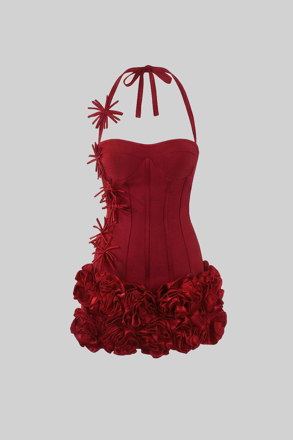 Corset Mini Dress with Sculpted Floral Hem – Red