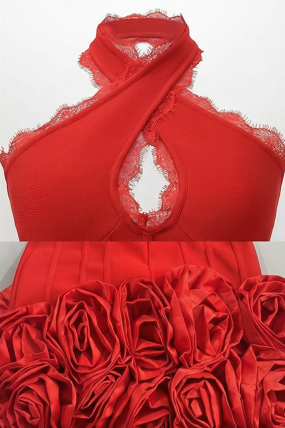 Halter Corset Mini Dress with 3D Rose Hem – Red