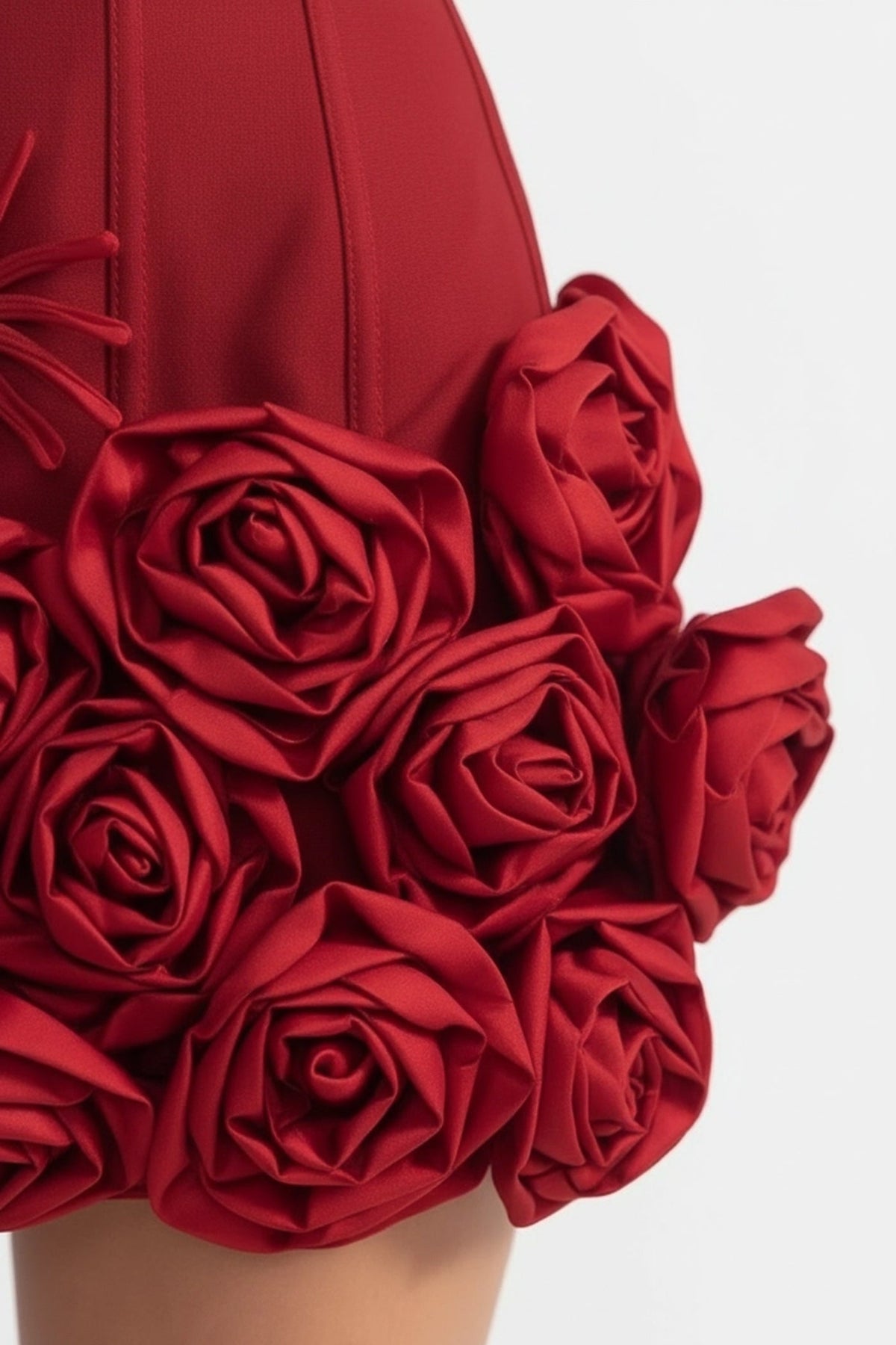 Corset Mini Dress with Sculpted Floral Hem – Red