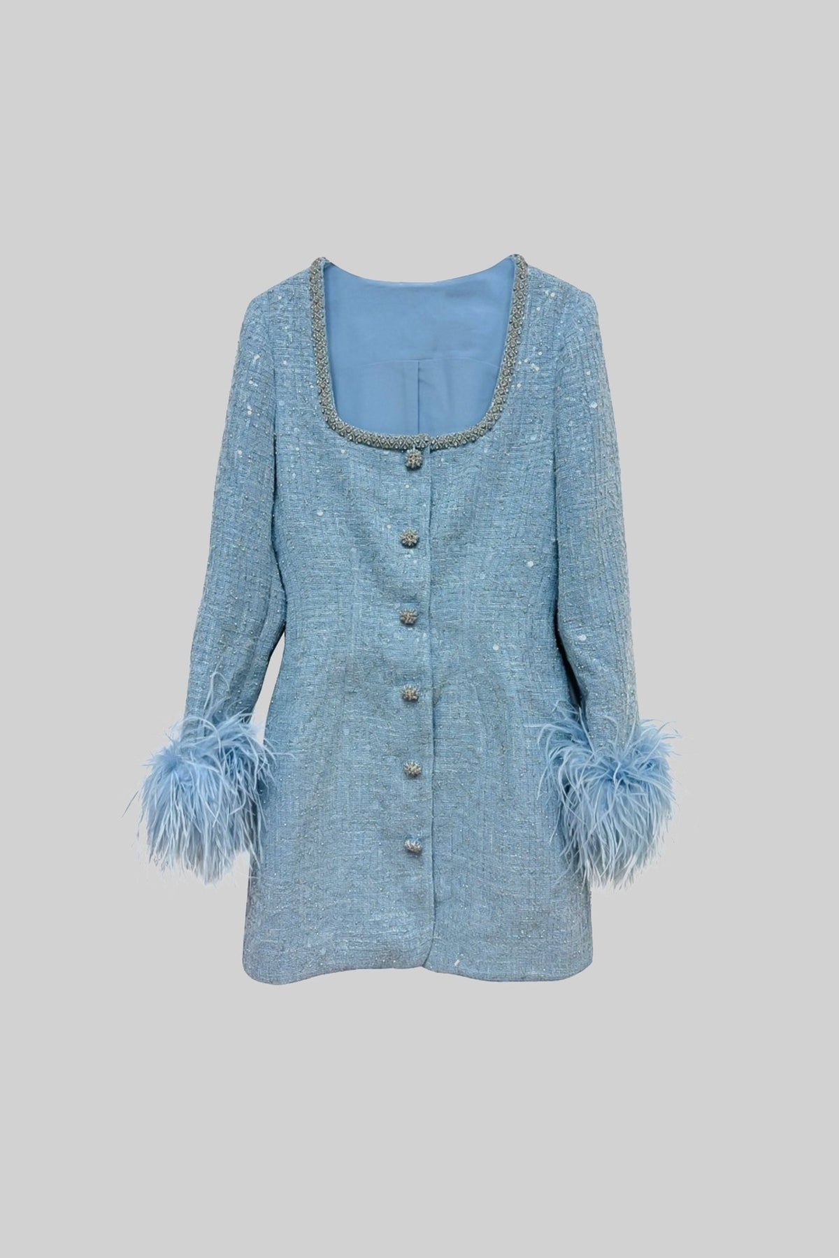 Textured Mini Dress With Feathered Cuffs And Square Neckline - Blue