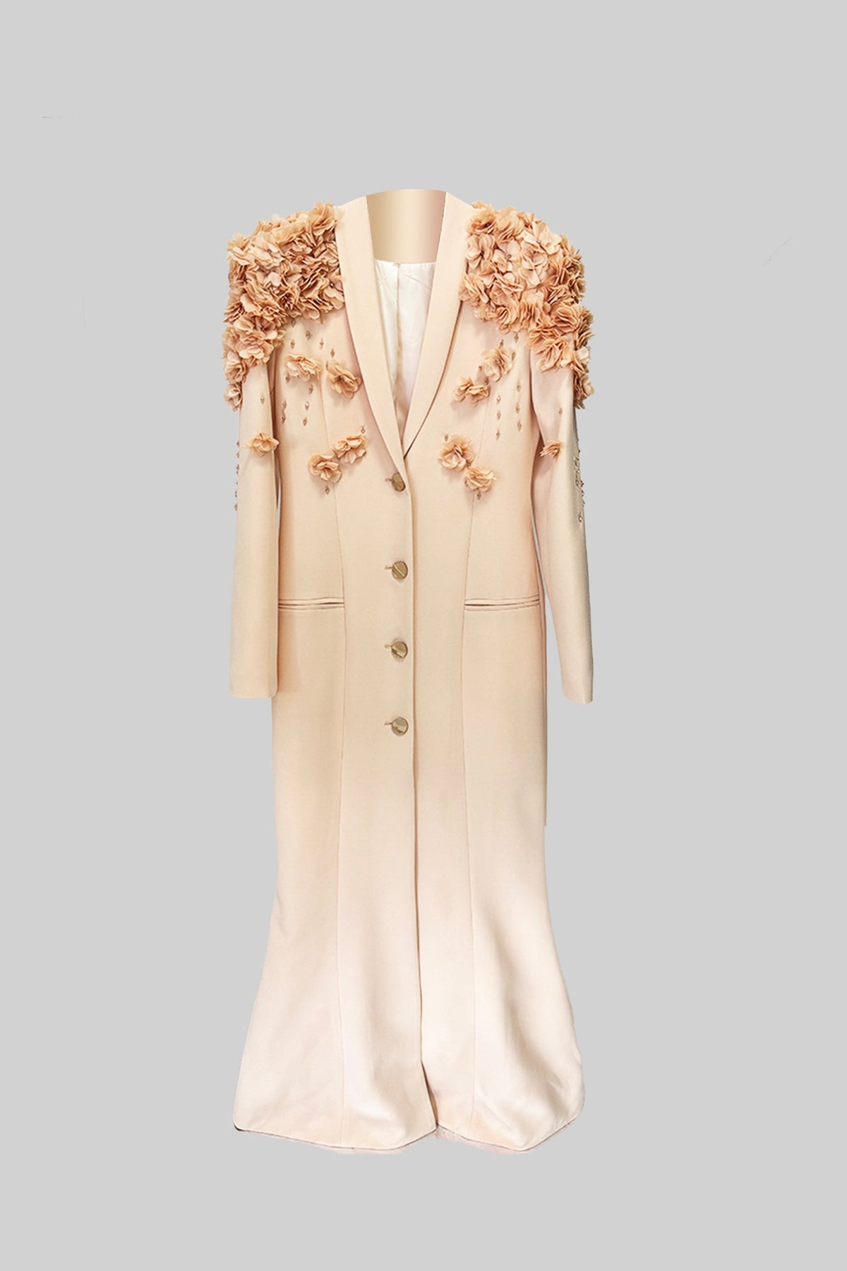 Long blazer With 3D Contrasting Floral Shoulder And Back Accents - Peach
