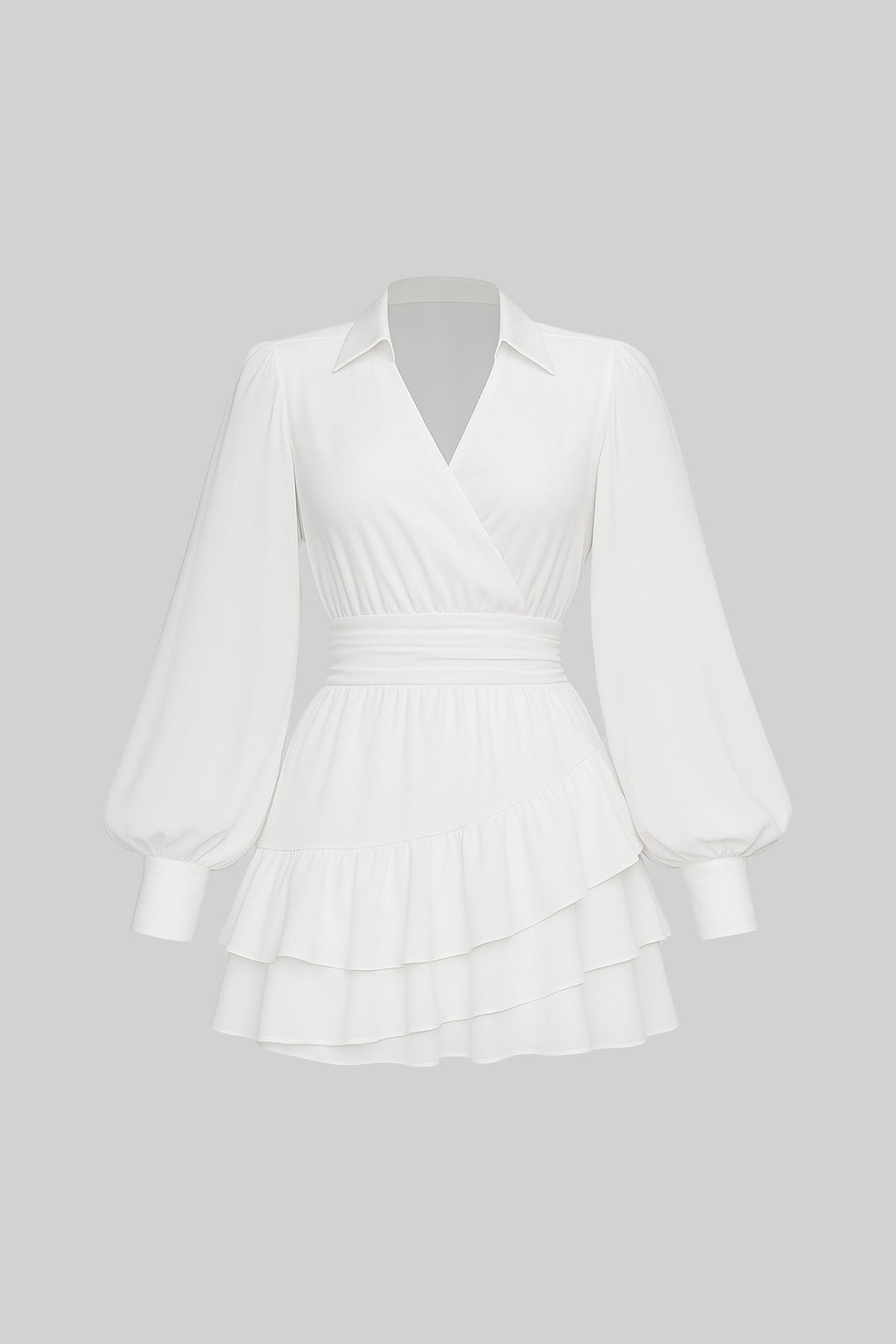 Elegant Dress With Long Puff Sleeves, Fitted Cinched Waist And Back Cutout - White