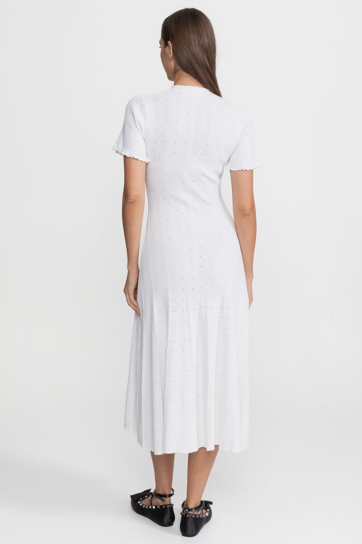Knit Button-Front Midi Dress with Scalloped Sleeves – White