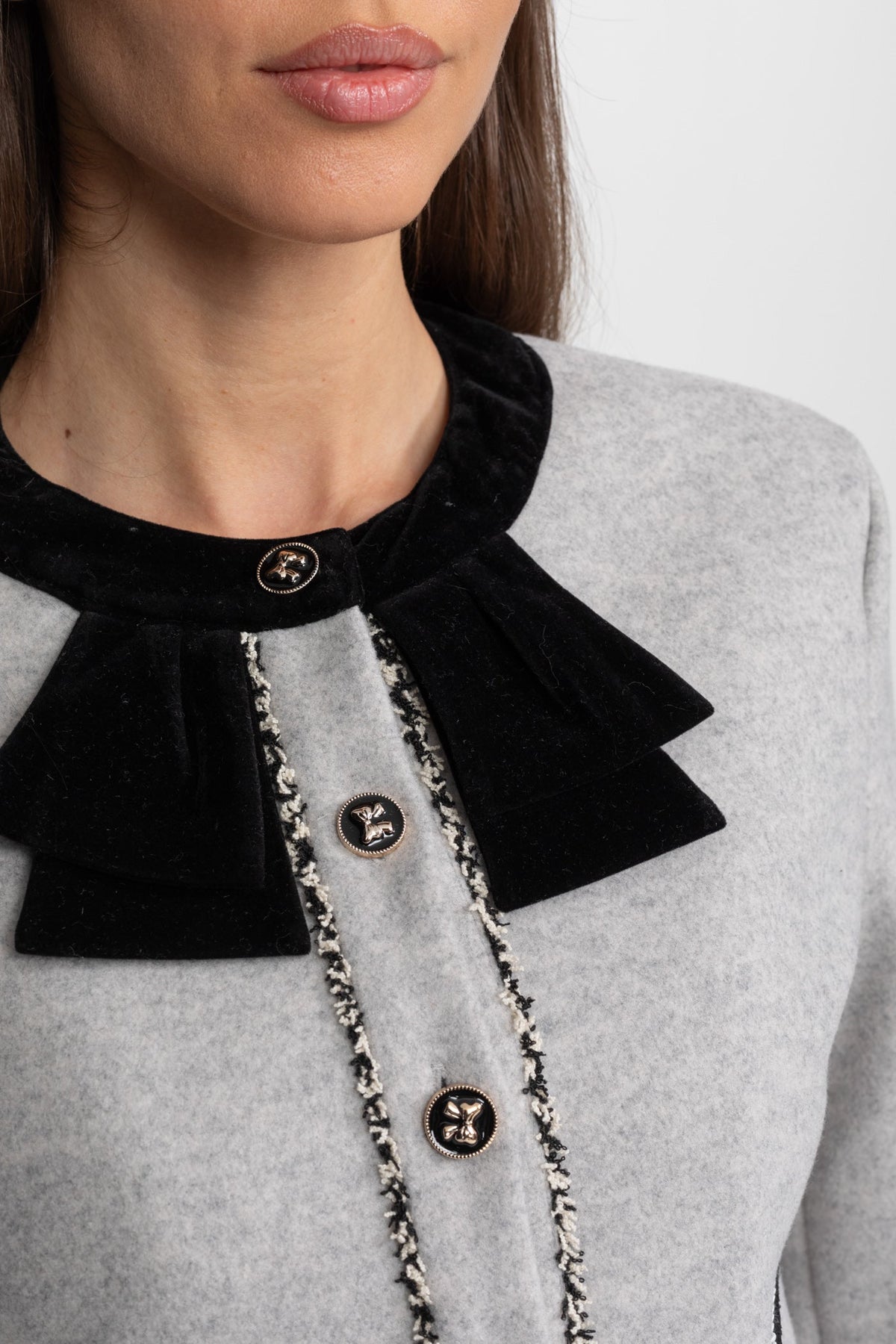 Co-Ord Set with Velvet Bow Collar Detail – Grey