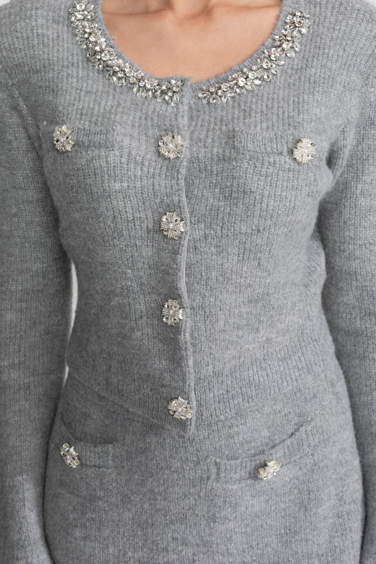 Embellished Knit Co-Ord Set with Crystal Buttons – Grey