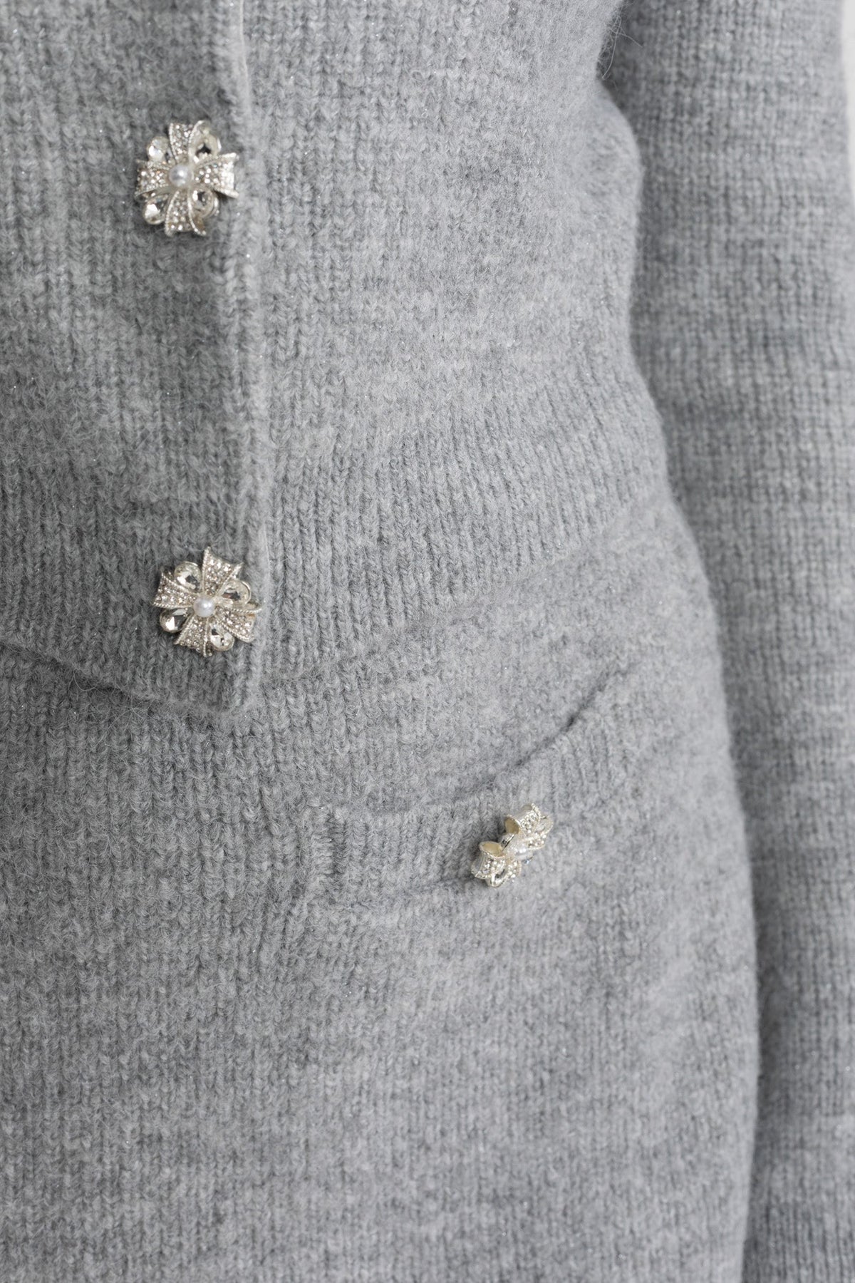 Embellished Knit Co-Ord Set with Crystal Buttons – Grey