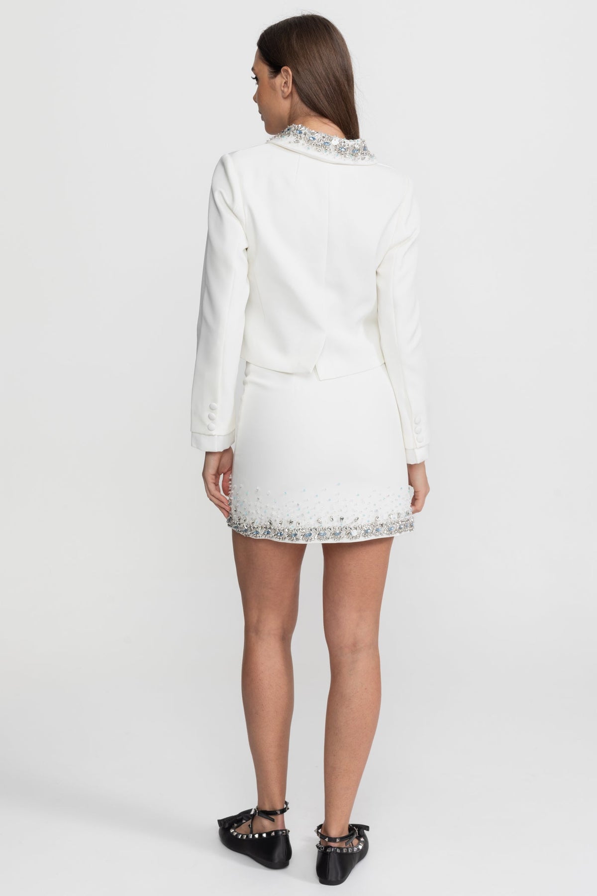 Embellished Cropped Jacket with Crystal Collar – White