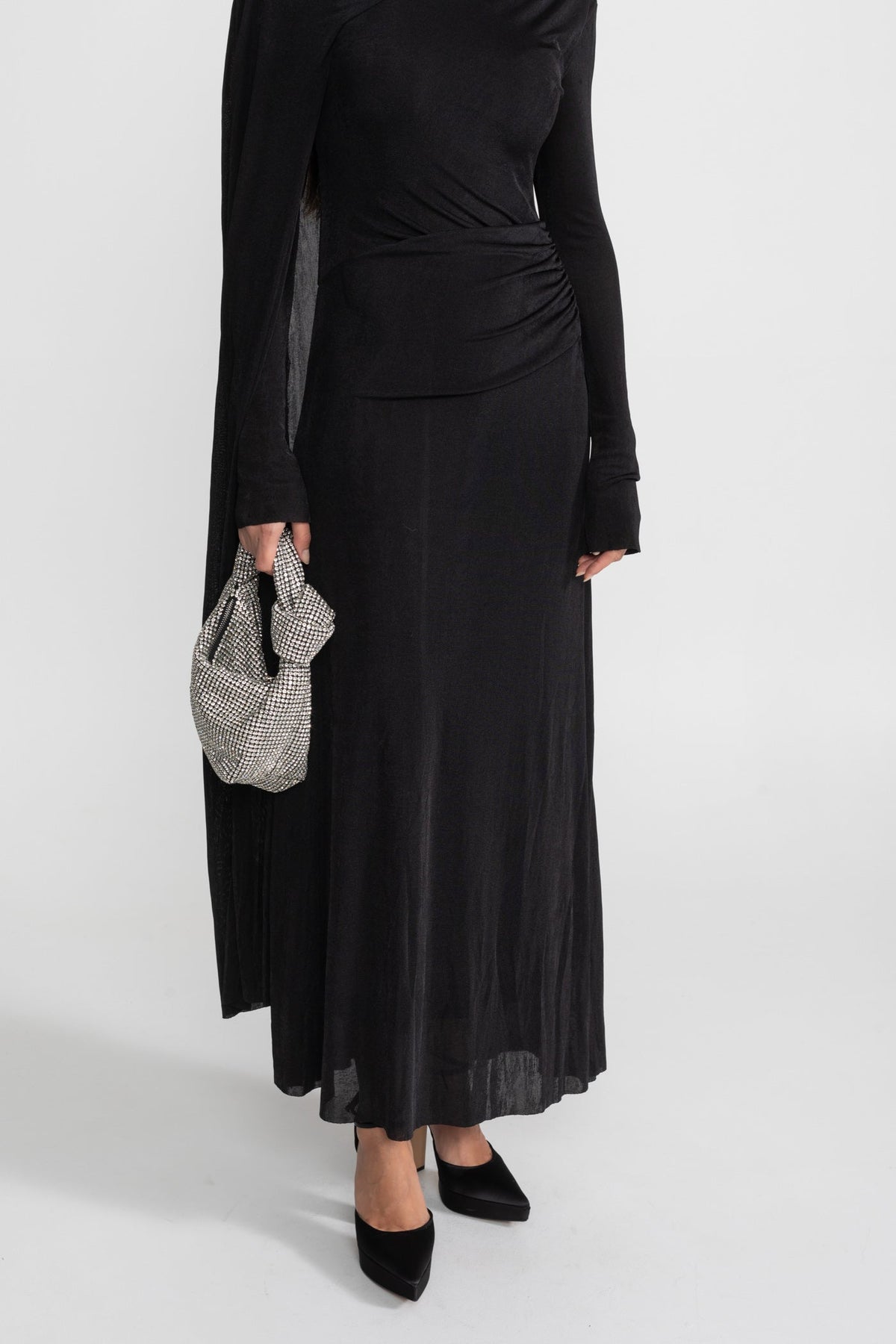 Elegant Draped Gown With Asymmetric Cutout – Black