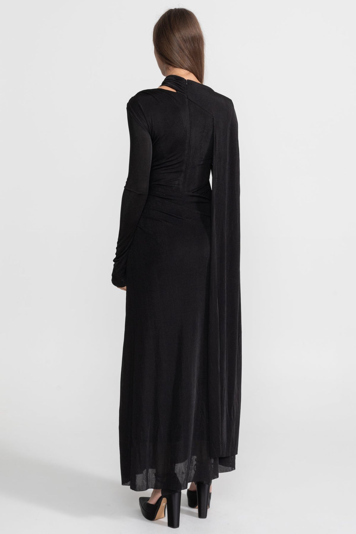Elegant Draped Gown With Asymmetric Cutout – Black