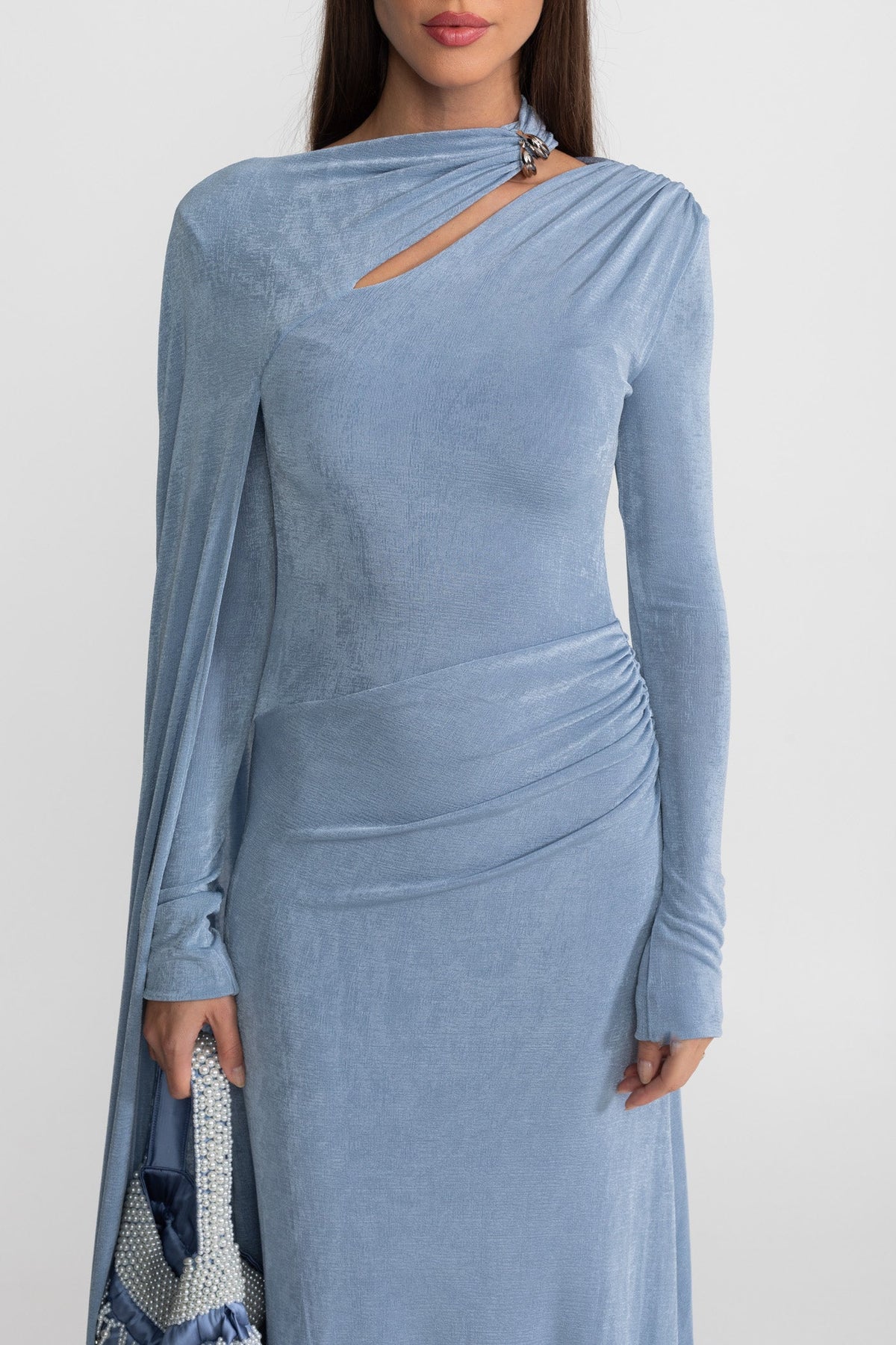 Elegant Draped Gown With Asymmetric Cutout – Blue