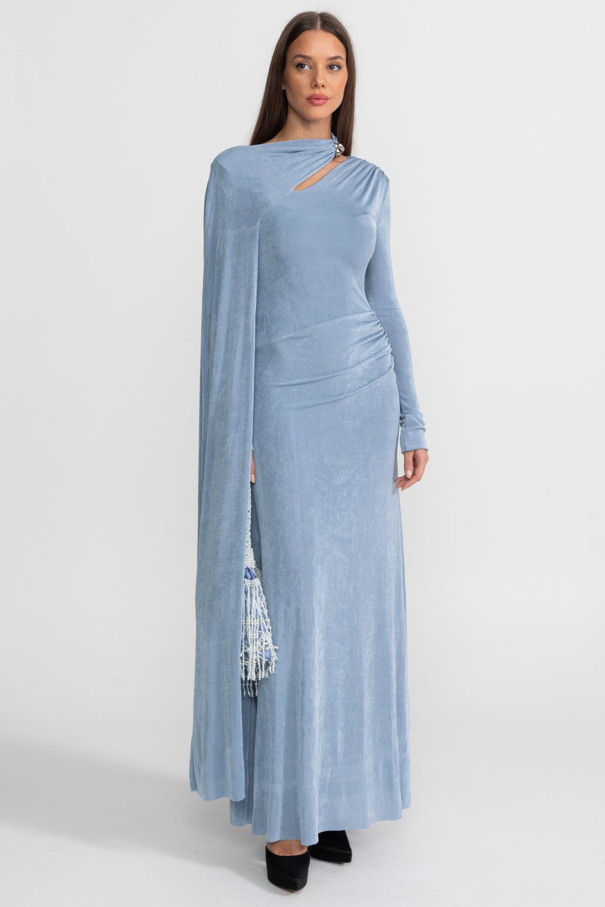 Elegant Draped Gown With Asymmetric Cutout – Blue