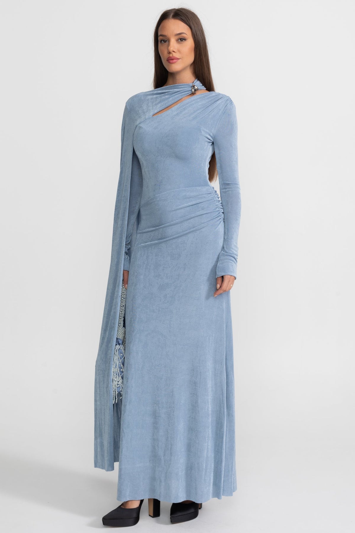 Elegant Draped Gown With Asymmetric Cutout – Blue