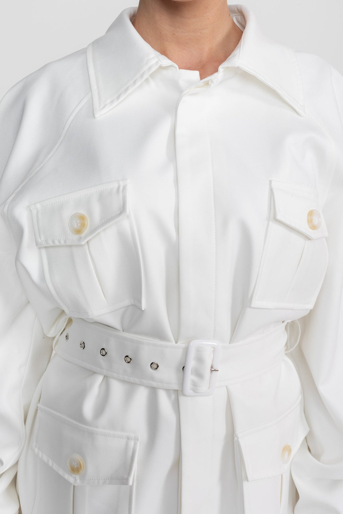 Belted Trench-Coat Jacket With Oversized Patch Pockets - White
