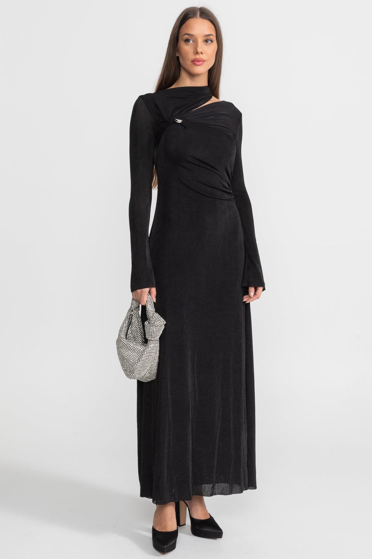 Draped Maxi Dress with Cut-Out and Elegant Detail - Black