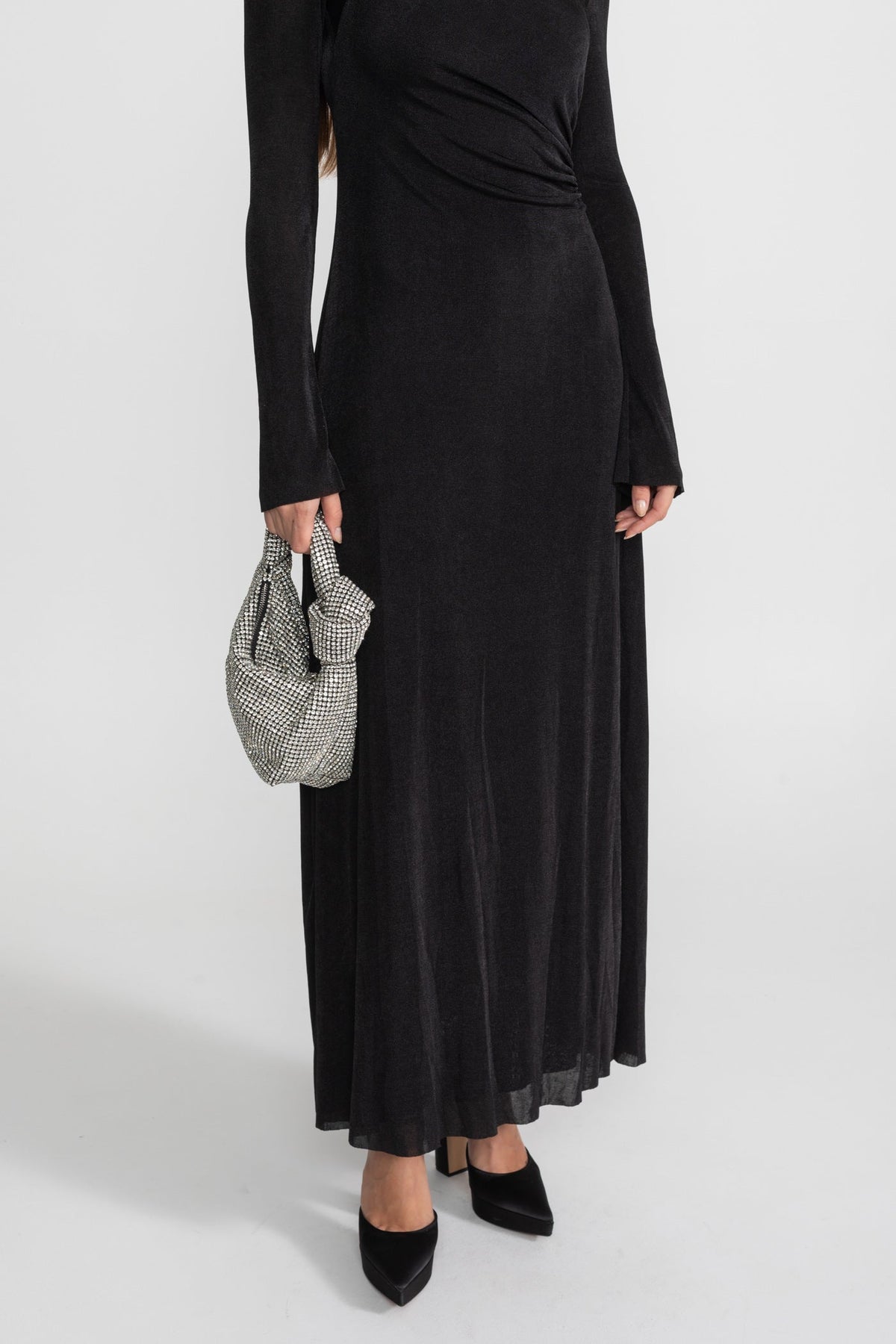 Draped Maxi Dress with Cut-Out and Elegant Detail - Black