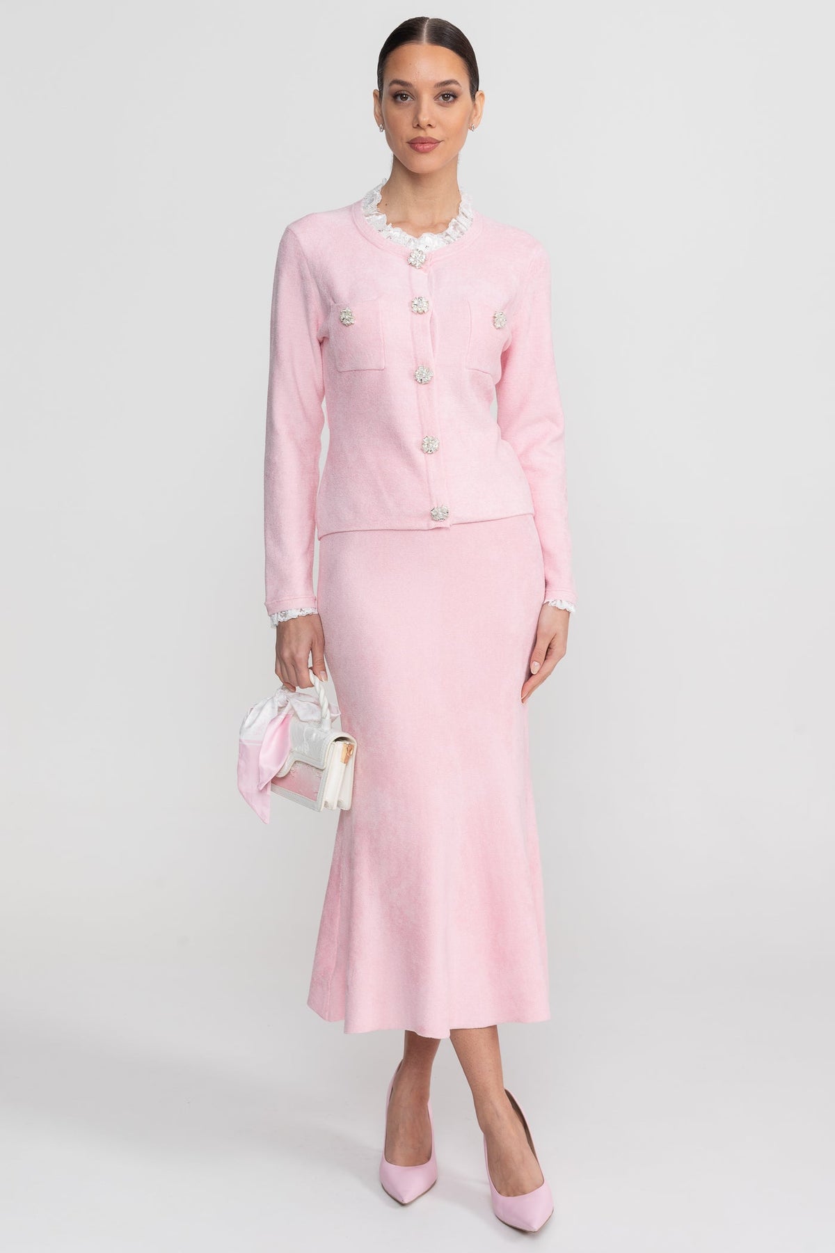 Long Sleeve Co-Ord With Fitted Knit Bodice And Crystal Button Detail - Blush Pink