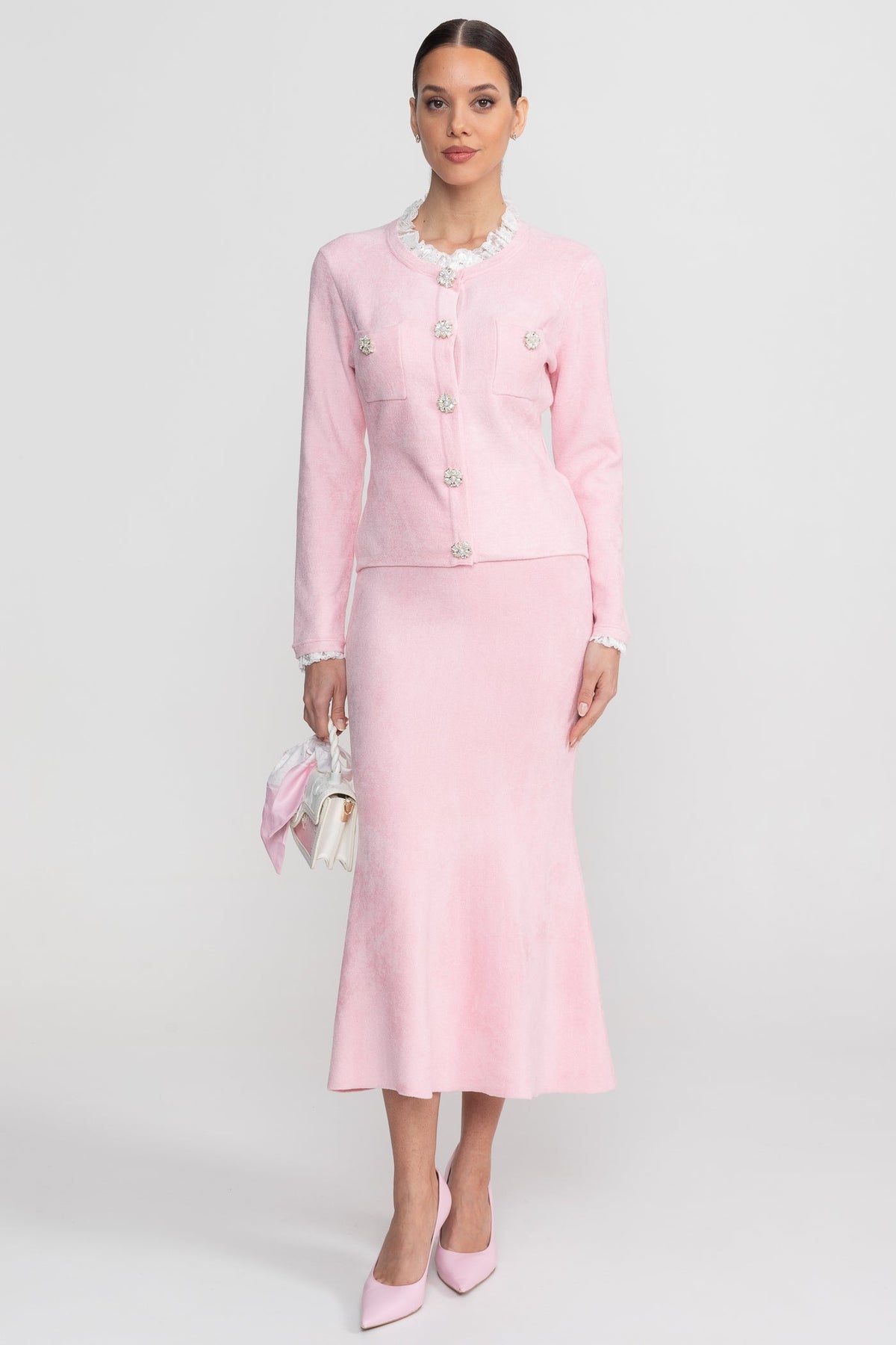 Long Sleeve Co-Ord With Fitted Knit Bodice And Crystal Button Detail - Blush Pink