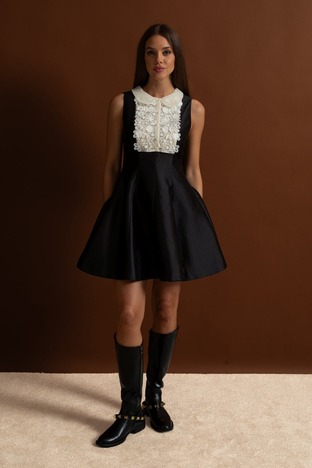 A-Line Mini Dress with Lace Bib – Black
