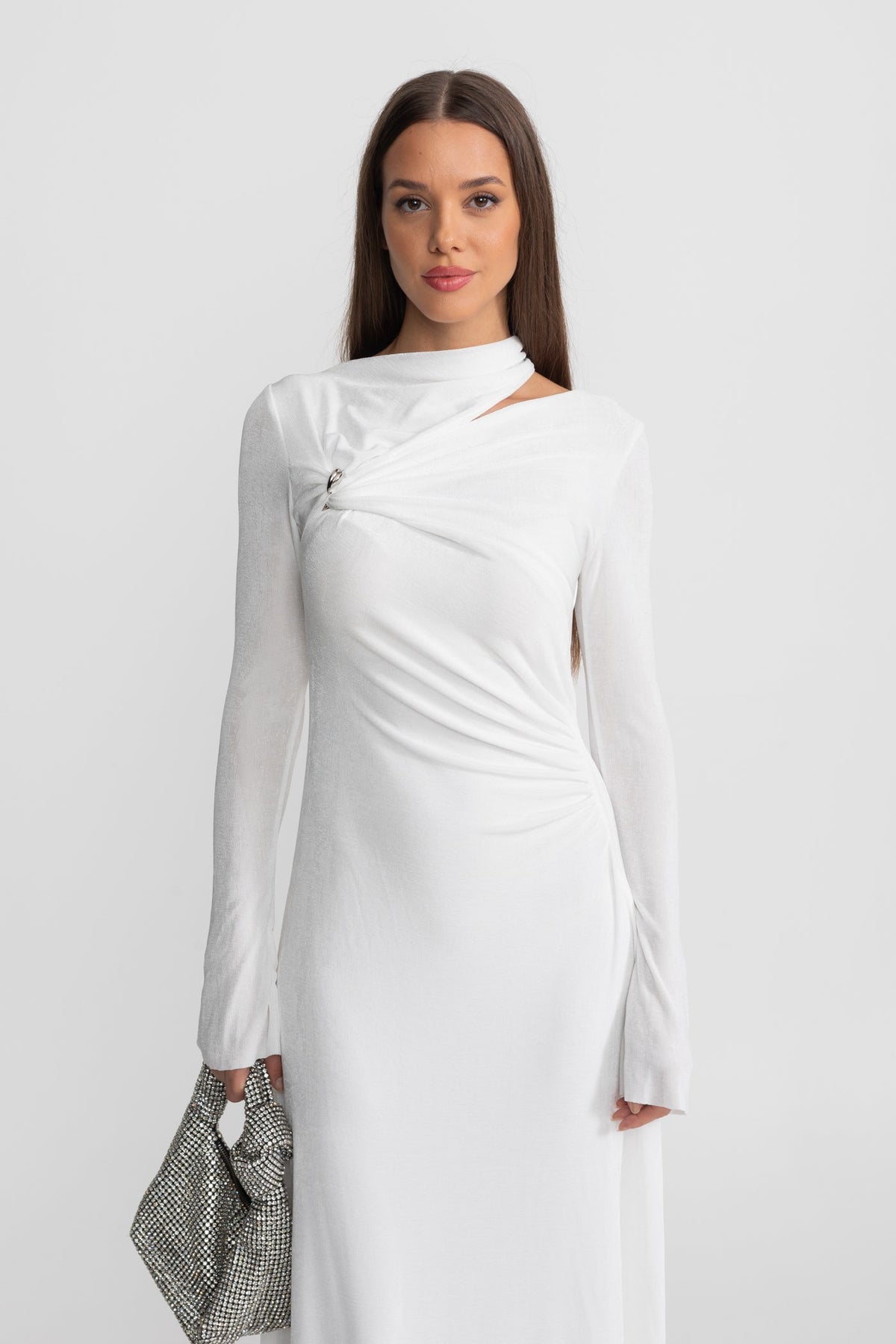 Draped Maxi Dress with Cut-Out and Elegant Detail - White