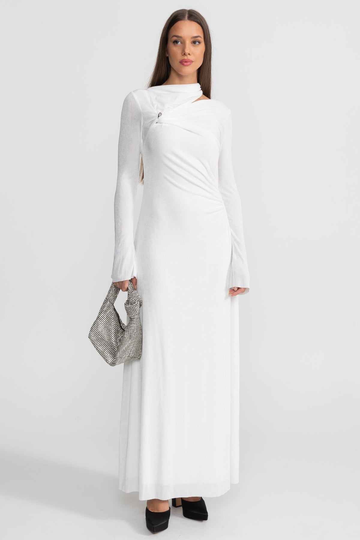 Draped Maxi Dress with Cut-Out and Elegant Detail - White