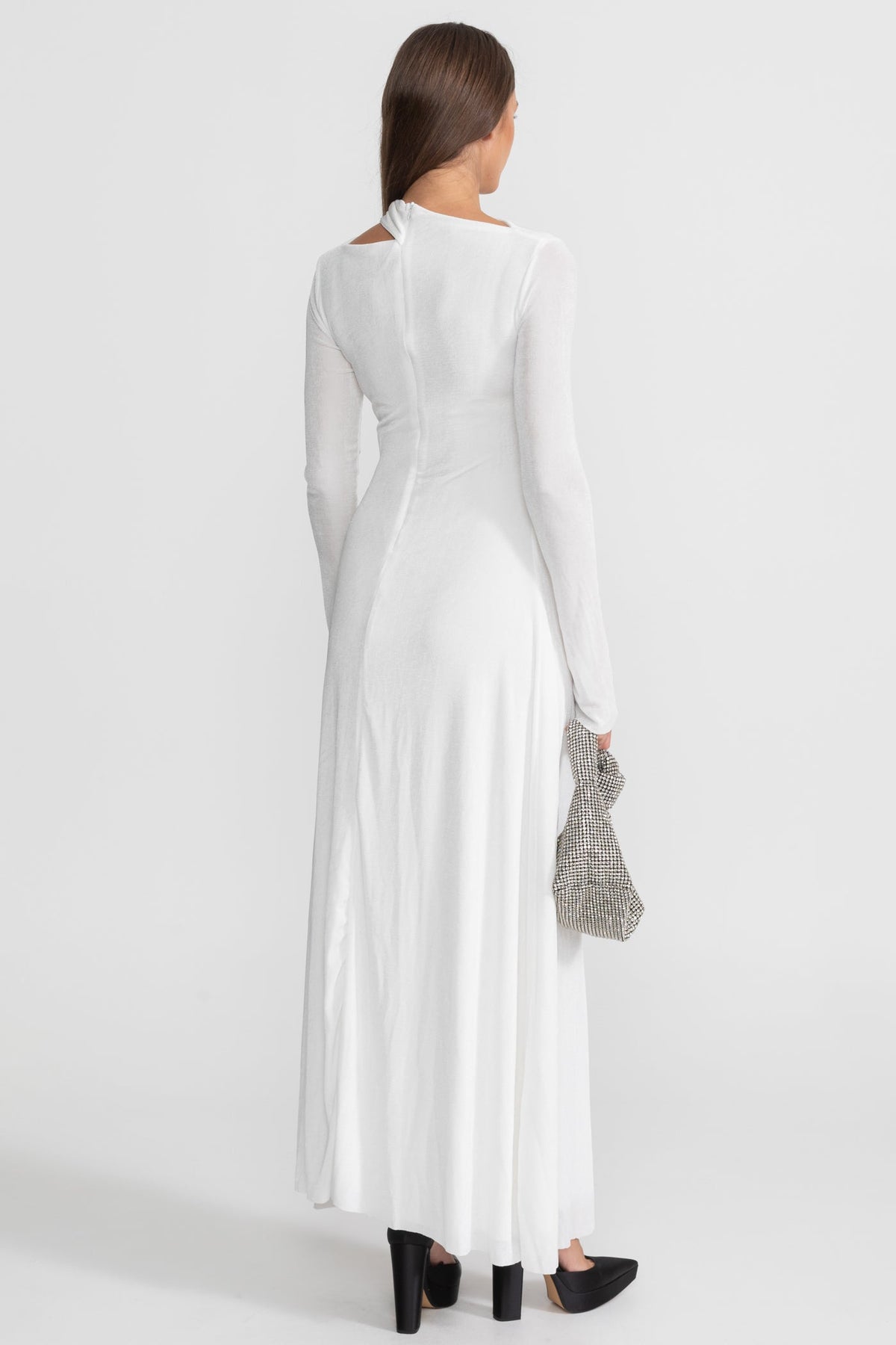 Draped Maxi Dress with Cut-Out and Elegant Detail - White