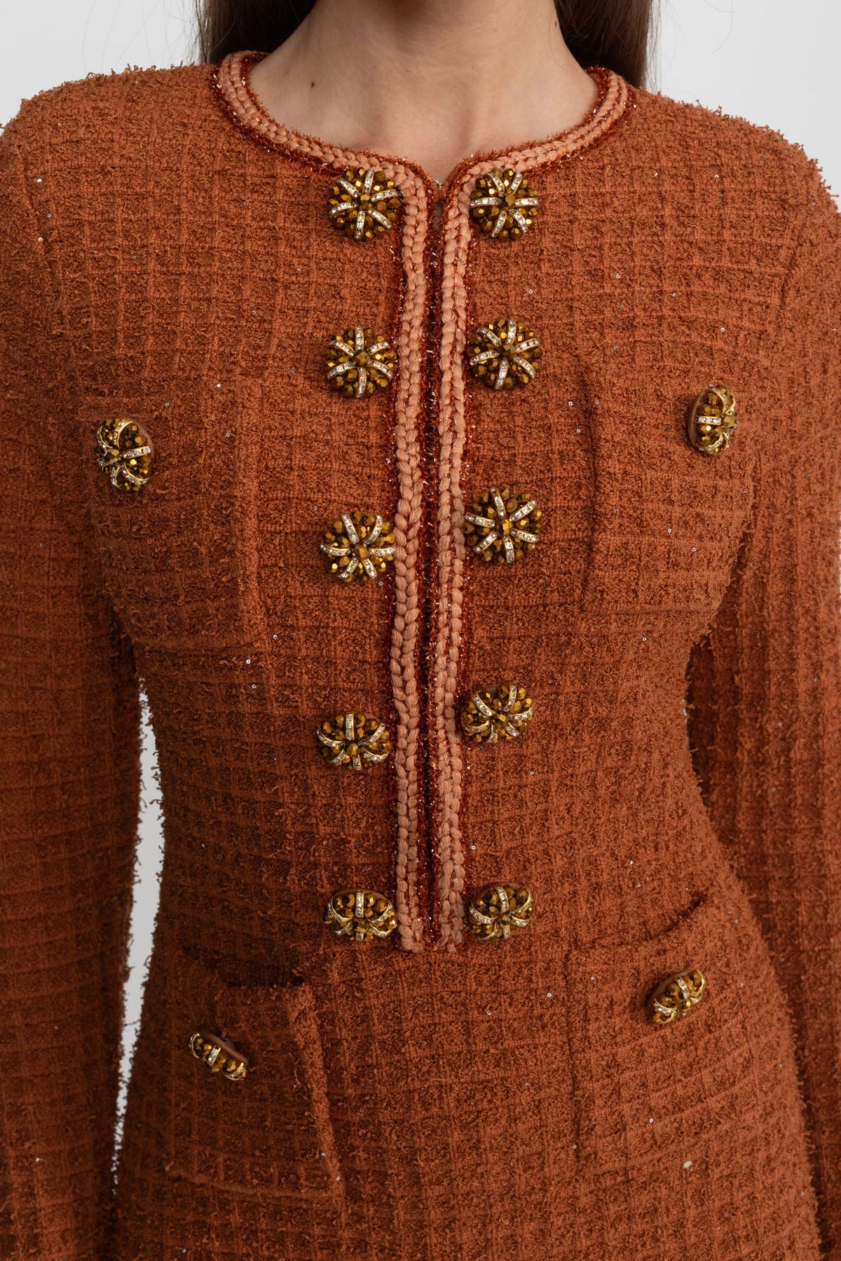 Textured Tweed Midi Dress with Crystal Button Detail – Rust