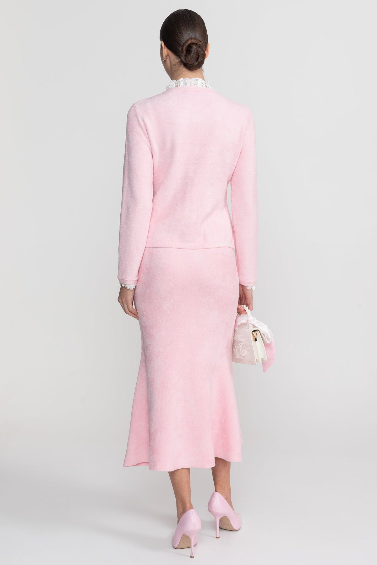 Long Sleeve Co-Ord With Fitted Knit Bodice And Crystal Button Detail - Blush Pink