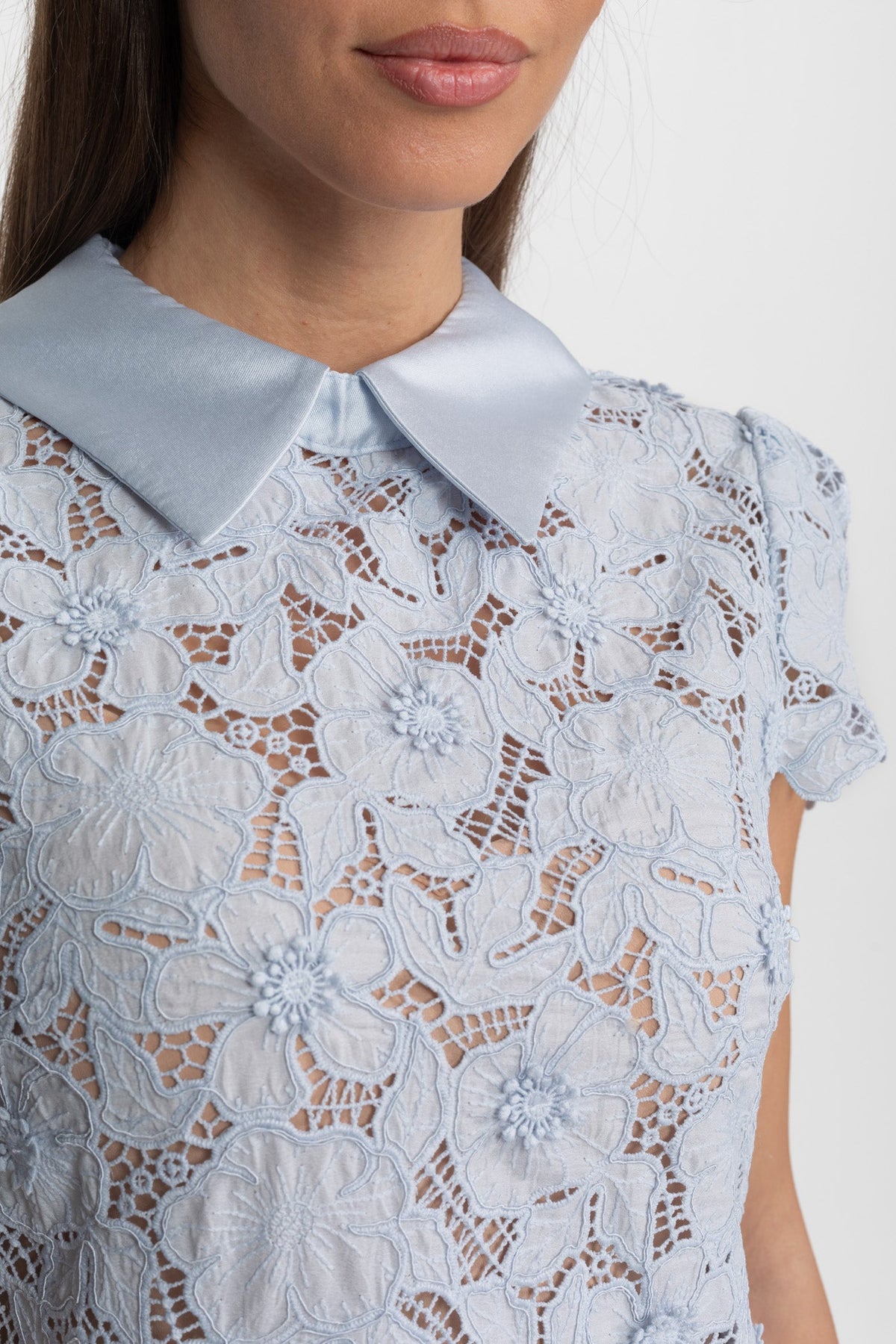 Floral Lace Mini Dress with Satin Collar – Light Blue